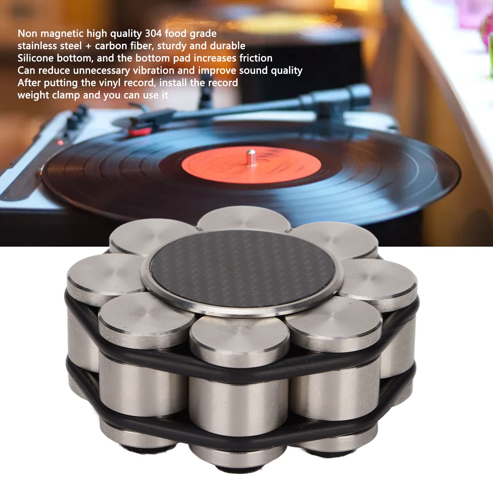 Stabilizzatore per Dischi in Acciaio Inox, Morsetto Peso per Giradischi per LP e Vinile, Stabilizzatore in Fibra di Carbonio per Giradischi con Base in Silicone per una Migliore Qu