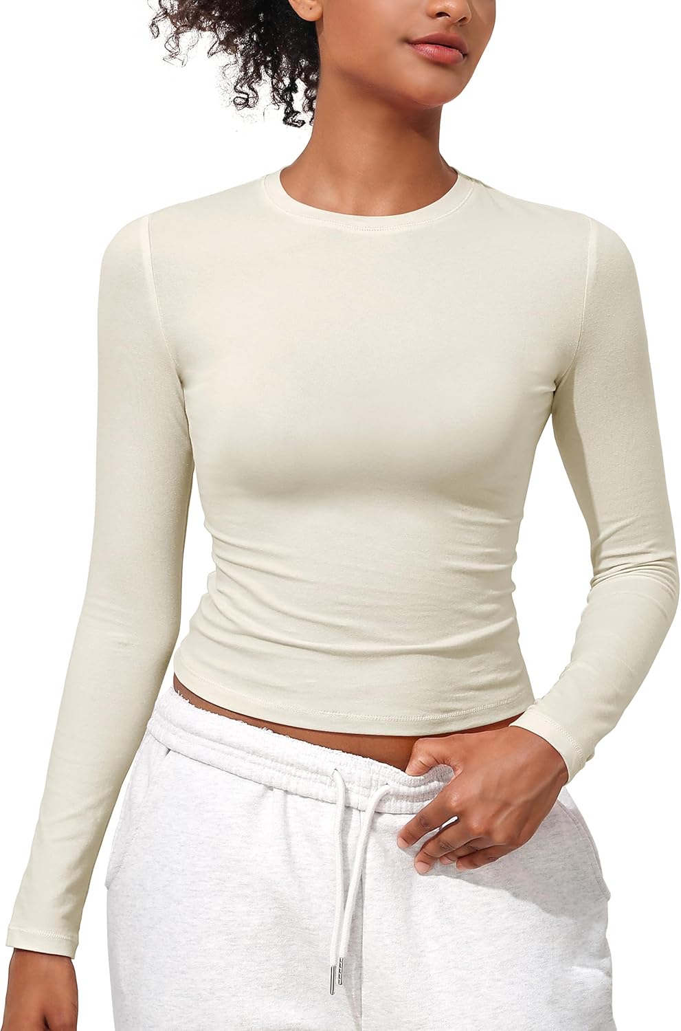 Hilor Women's Cotton Long Sleeve T Shirts Crew Neck Tight Fitted Baby Tee Basic Y2K Crop Top Going Out Tops