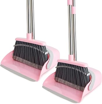 2-Pack Broom and Dustpan Set with Long Handle, Heavy Dust Broom and Dustpan Combo for Home,Kitchen, Office, Pet HairGrey Pink
