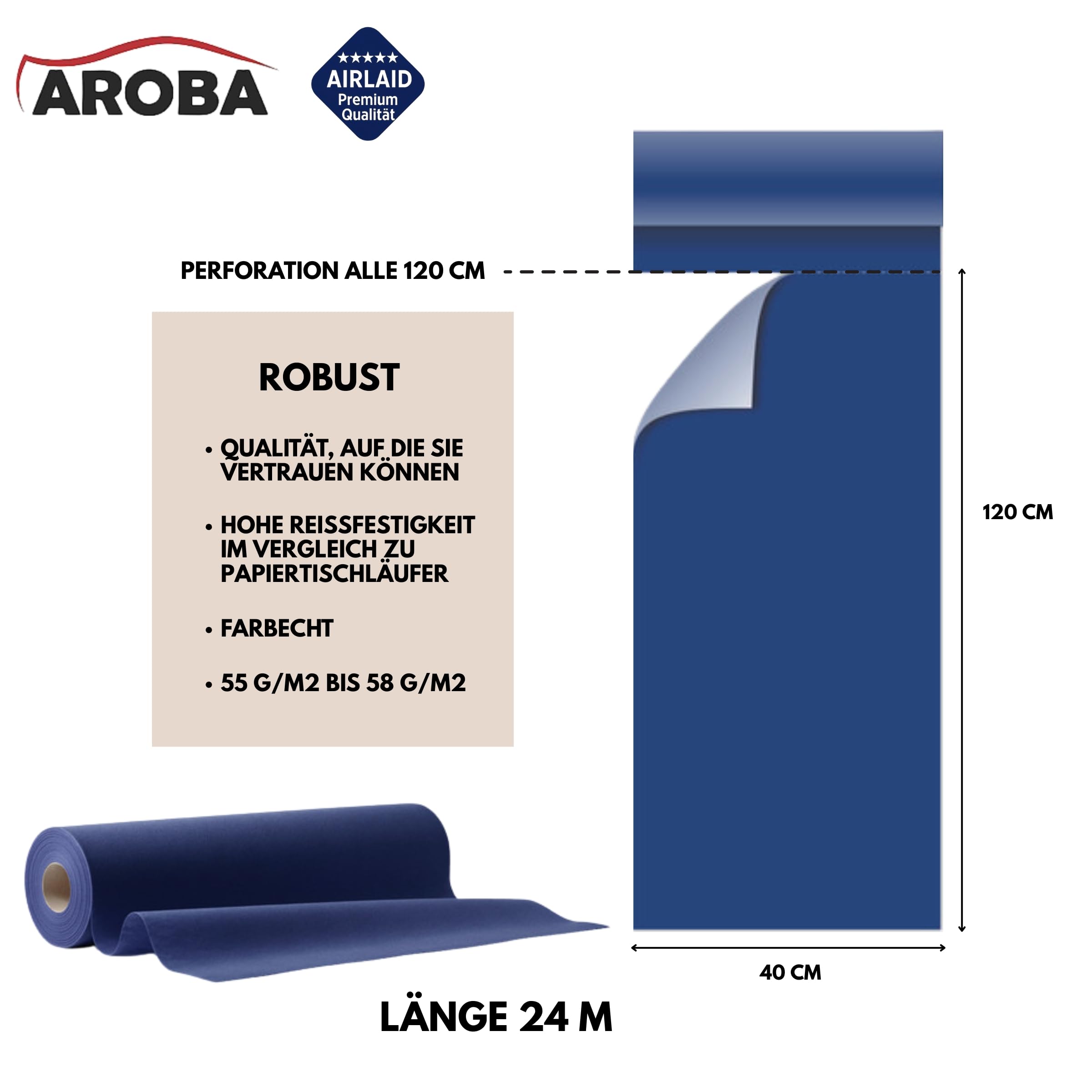 AROBA 2X Airlaid Tischläufer (Blau, 40 cm x 24 m) - Stoffähnliche Tischläufer - Tischband Tischtuchrolle Tischdeko für Hotel Catering Geburtstag Restaurants Kommunion Taufe