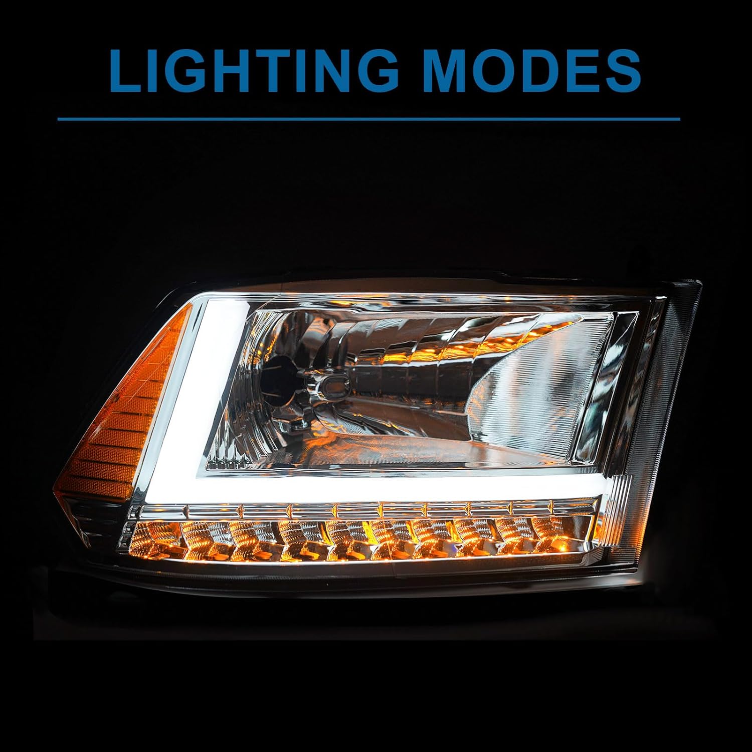 Headlights for 2009-2018 Dodge Ram 1500 2010-2018 Dodge Ram 2500 3500 4500 5500 ST Tradesman w/LED DRL Running Light Bar (Only Fit Factory Dual Halogen Headlamp) Amber Reflector Chrome Housing