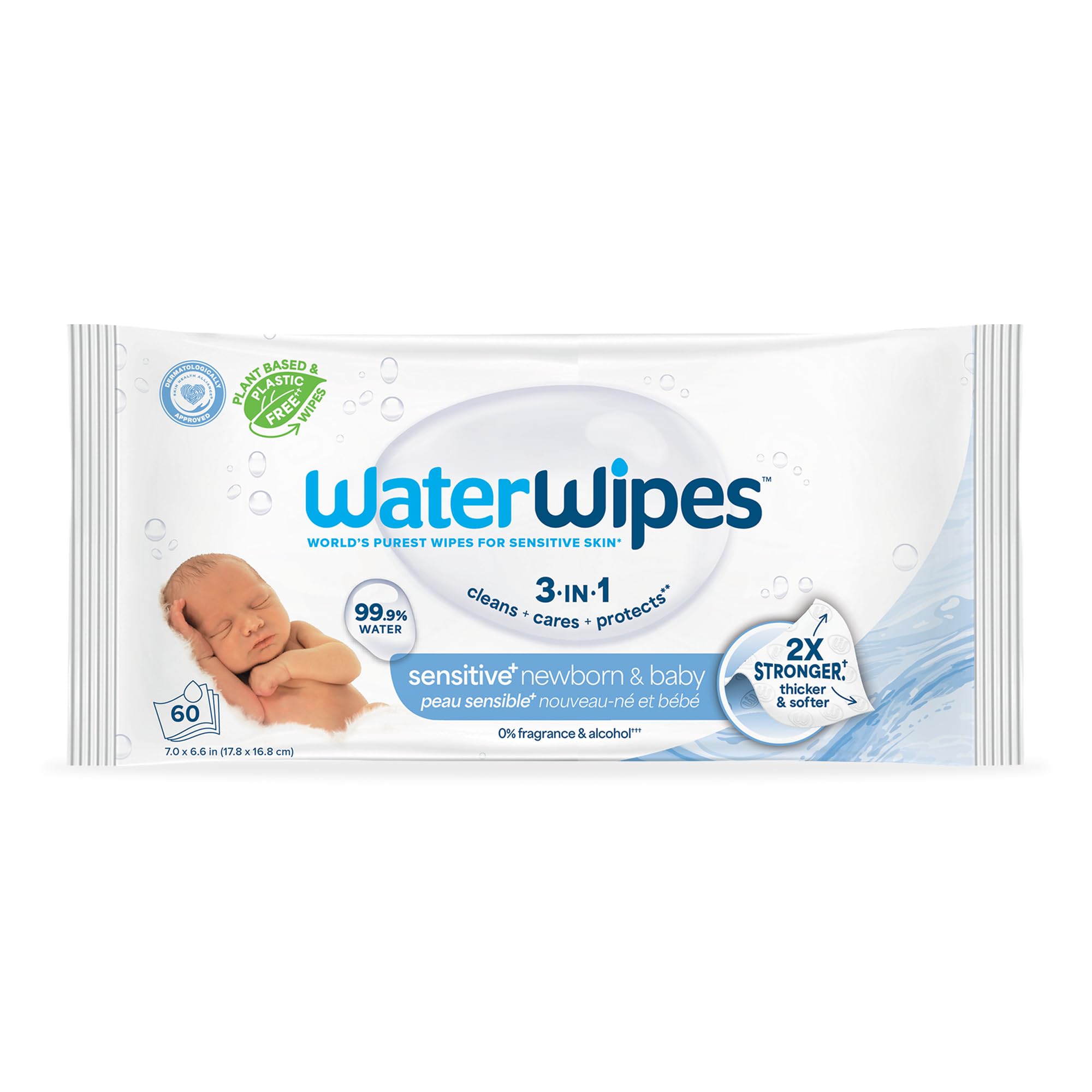 WaterWipes Sensitive+ Newborn & Baby Wipes, 3-In-1 Cleans, Cares, Protects, 99.9% Water, Unscented & Hypoallergenic, 60 Count 60 Count (Pack of 1)