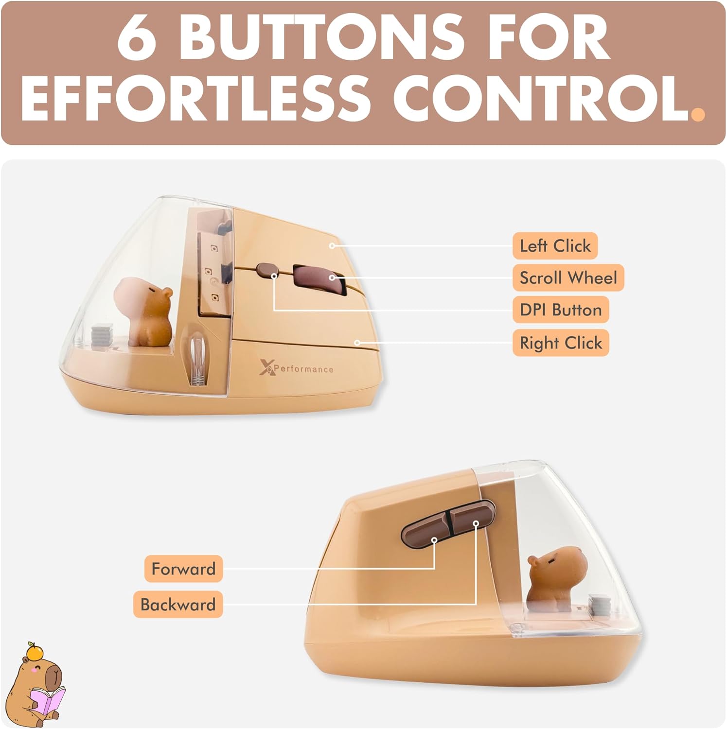 X9 Performance Wireless Vertical Ergonomic Mouse - Click with Capybara - (BT + 2.4G) Up to 4000 DPI, 6 Button, Rechargeable - Bluetooth Ergonomic Vertical Mouse Wireless - for Mac and PC - Brown