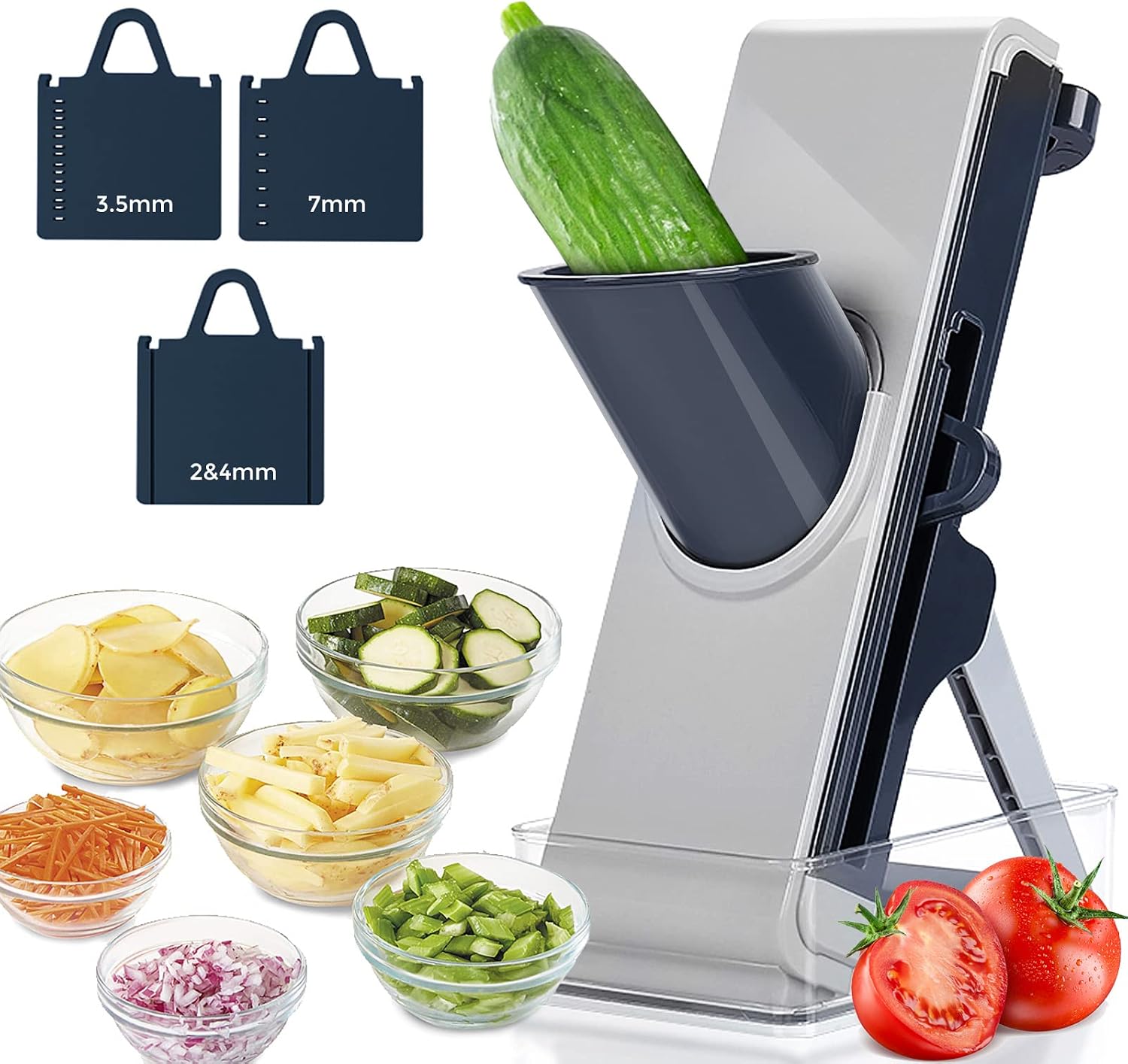 Safe Mandoline Slicer for Kitchen, Vegetable Slicer Cutter & Chopper, Food Slice + Julienne for Vegetables Potato Fruit with Container, Veggie Cutter with 3 Adjustable Blade