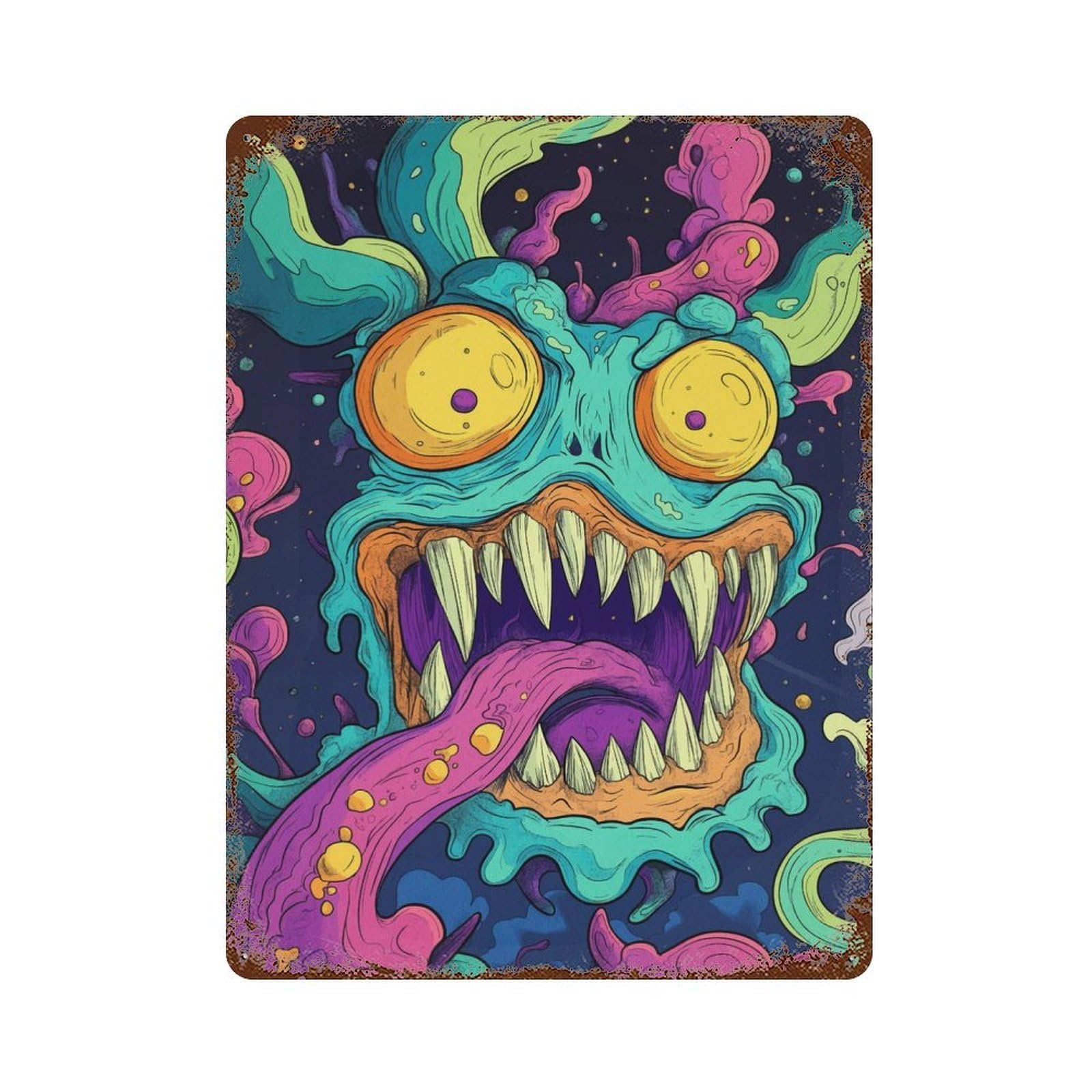 Rust Effect Cosmic Monster Distressed Metal Wall Sign 15.7"x11.8", Decorative Metal Wall Art for Living Room, Hallway And Home Decor