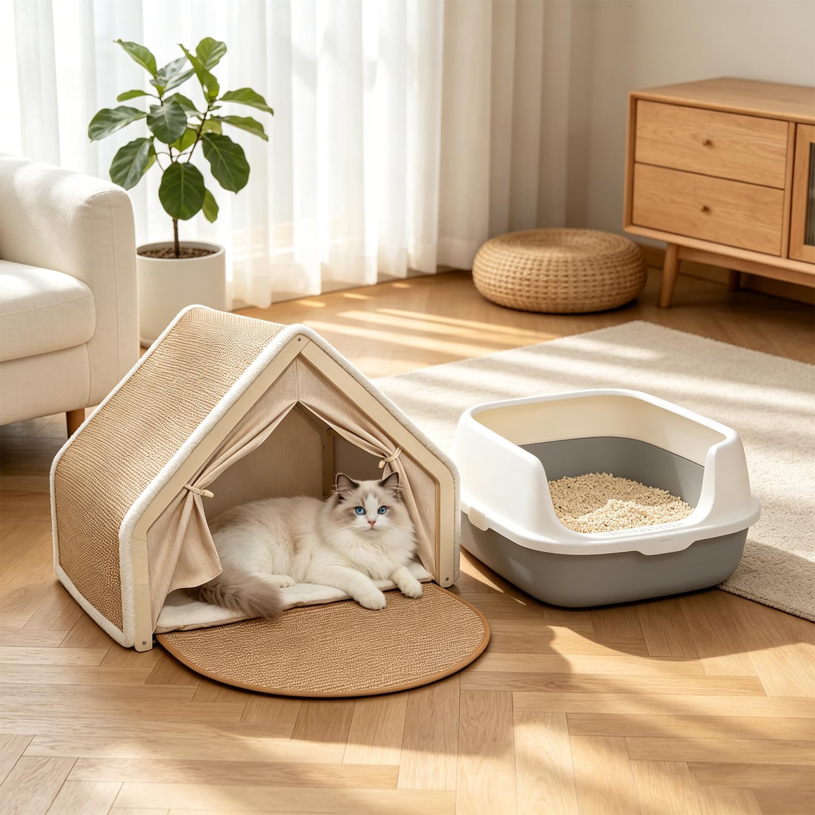 Sisal & Holz Katzenhöhle Katzenhaus Indoor mit Oben Kratzbrett Katze(Beige)