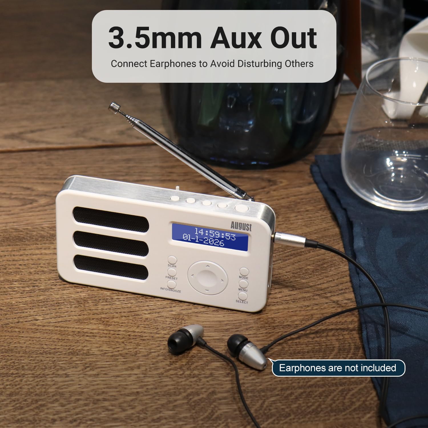 August MB225 - Przenośne radio cyfrowe - DAB/DAB + / FM - funkcja RDS, możliwość zaprogramowania 40 stacji, przenośne radio stereo/mono, podwójny alarm, akumulator, gniazdo słuchawkowe (białe)