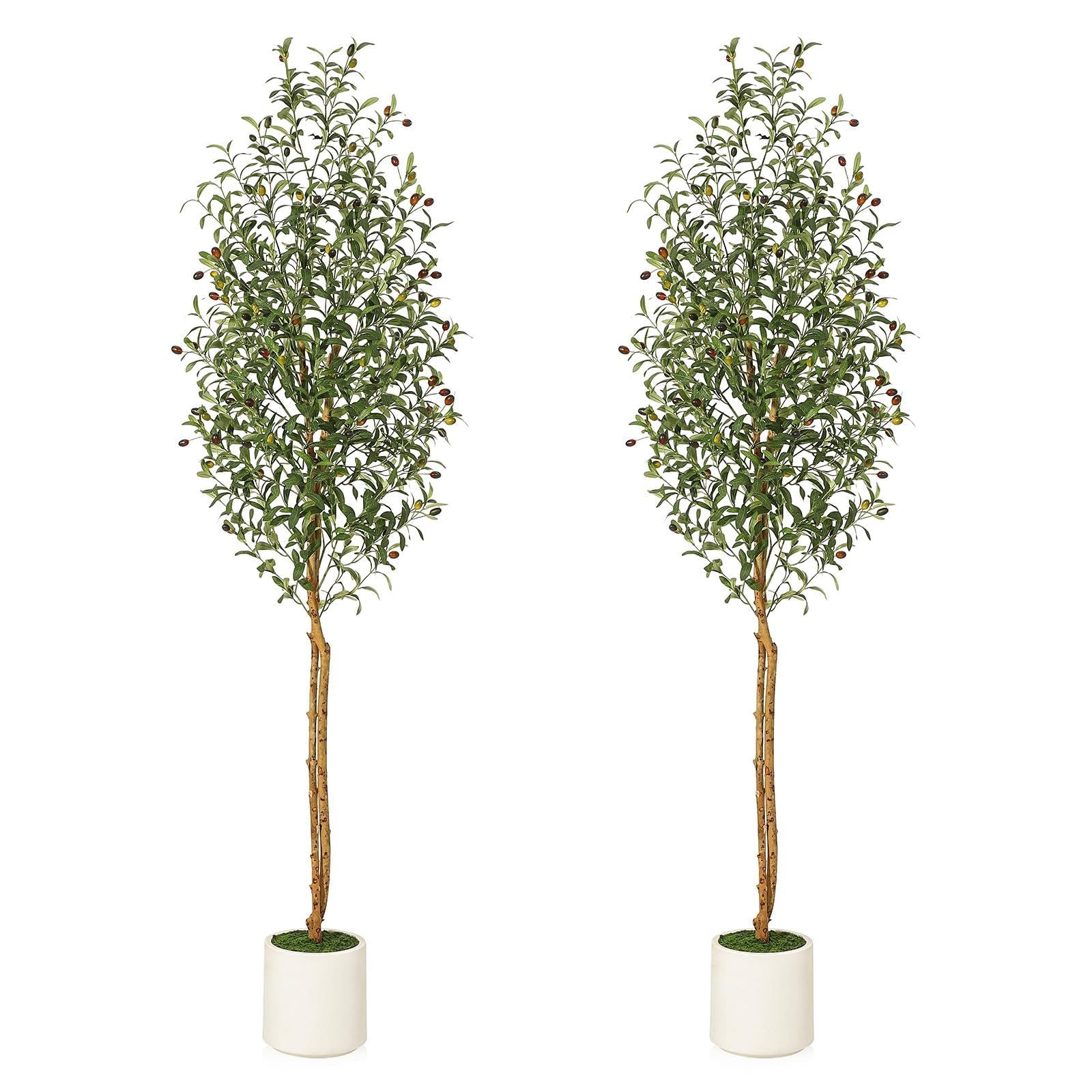 Garvee Set mit 2 künstlichen Olivenbäumen, 213,36 cm, künstlicher Olivenbaum mit Echtholzstamm und realistischen Früchten, hohe künstliche Zimmerpflanze mit weißem Topf, Dekoration für Zuhause und