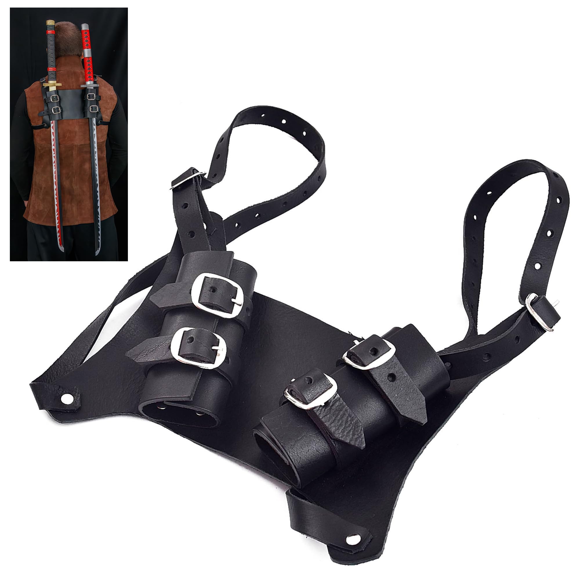 Armory Replicas™ Genuine Leather Twin Sword Shoulder Belt – Adjustable, Durable 9oz Leather with Twin Sword Frogs for Secure Carrying - Black