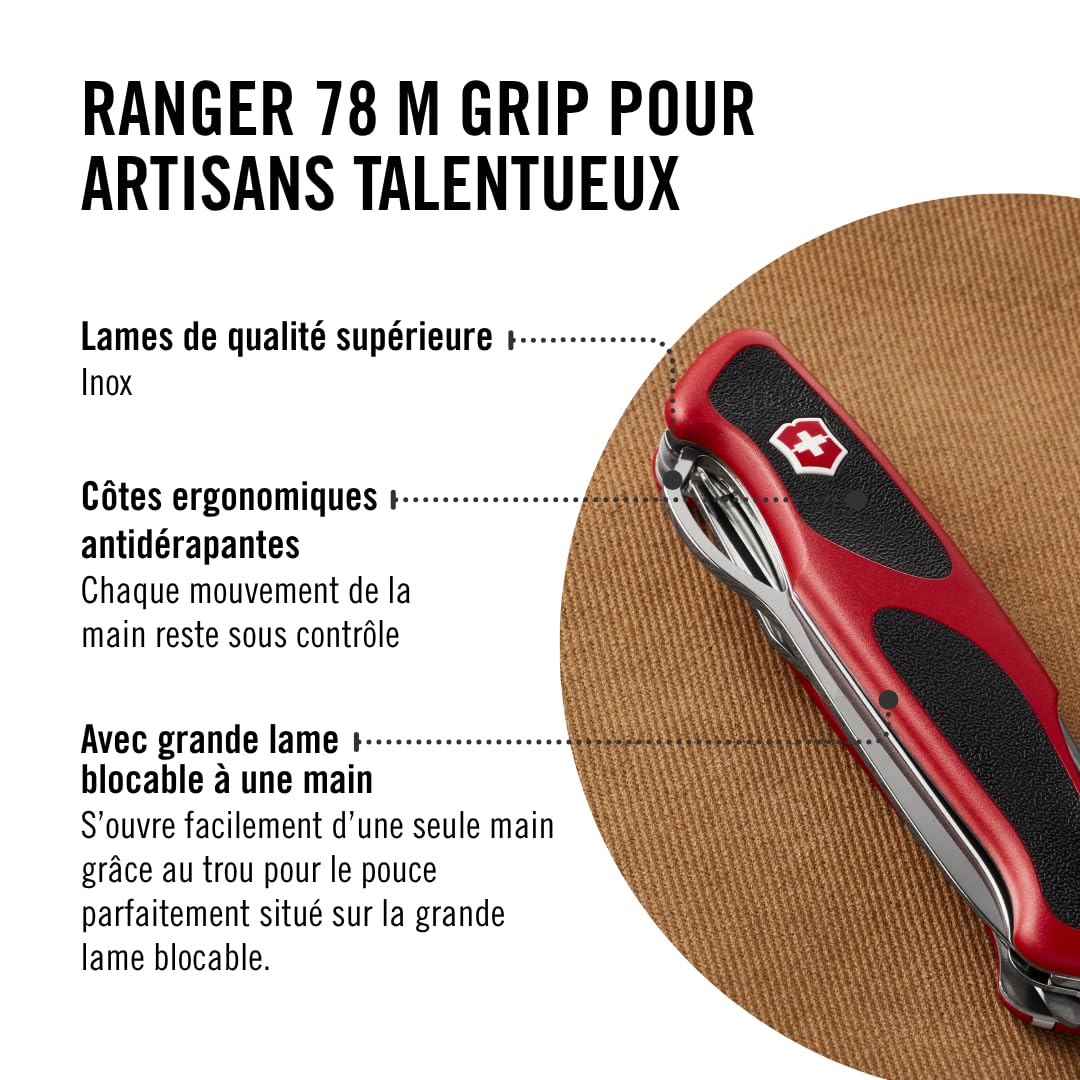 Victorinox Ranger Grip 78 Couteau de Poche Suisse, Multitool, 12 Fonctions, Lame Fixe, Ouverture Une Main