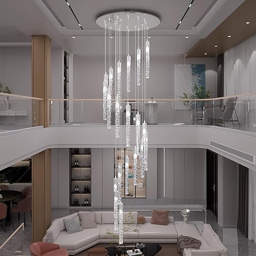 H138 pulgadas 20 luces plateadas para vestíbulo entrada cristal escalera alta lámpara de araña regulable con accesorios de columna de burbujas