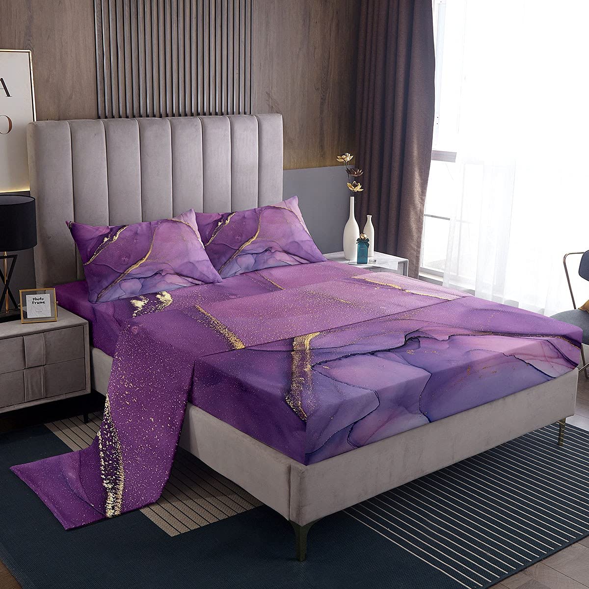 ASKOTU Set Biancheria Letto Matrimoniale Per Ragazze, 4 Pezzi, Effetto Marmo Acquerello Astratto, Rosa Viola Blu, Microfibra - 5