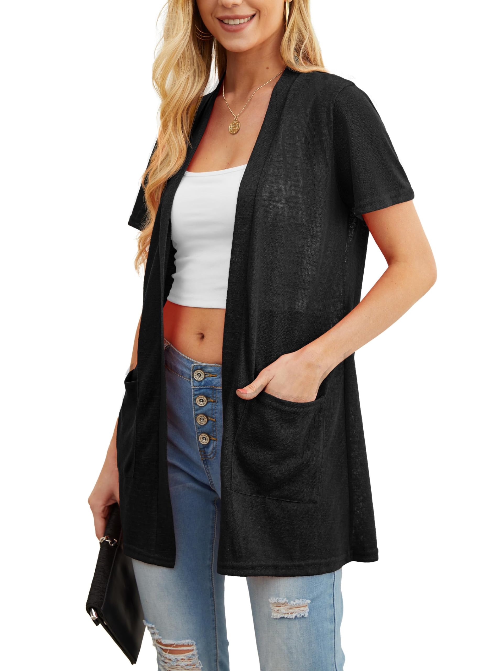QIXING Cardigan estivo leggero da donna, protezione solare, traspirante, morbido cardigan a maniche corte, perfetto per notti estive, ufficio e appuntamenti