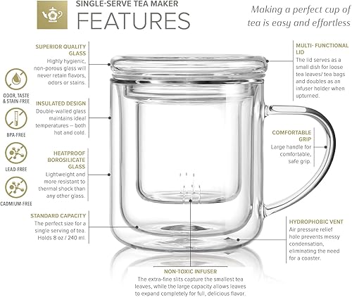 Miniatura 4 de Teabloom Taza de té de vidrio de borosilicato a prueba de calor y aislada con infusor para té suelto de hoja entera – Tea Purist's Choice – Taza de