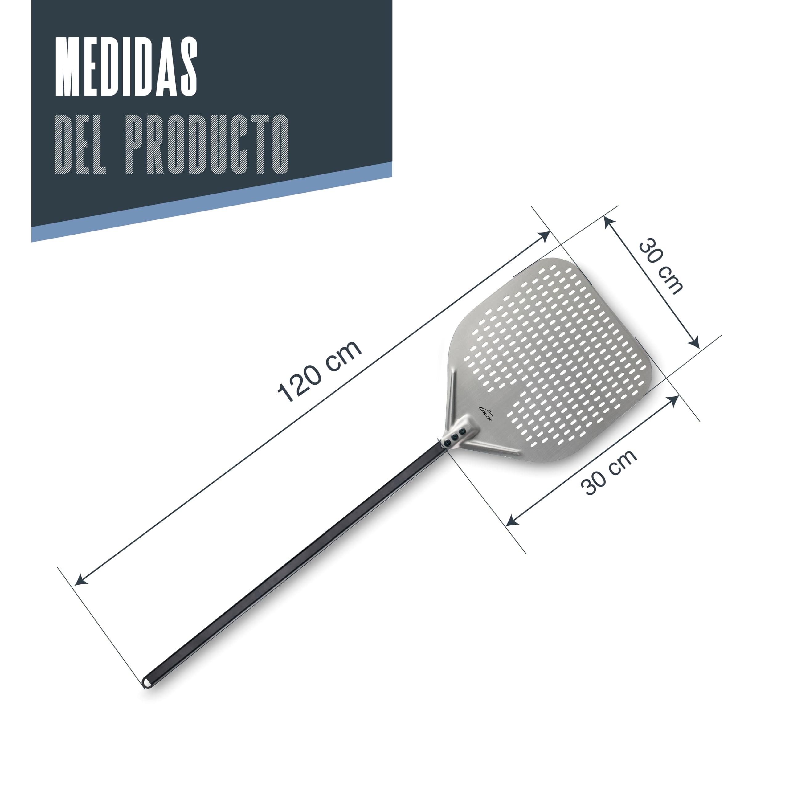 LACOR - 61466 - Pala Pizza Fuoco, 30 x 30 x 120 cm, Aluminio Anodizado, Base Perforada, Uso Profesional, Apta para Hornos de Piedra, Leña o Eléctricos, Ligera, Robusta y Manejable