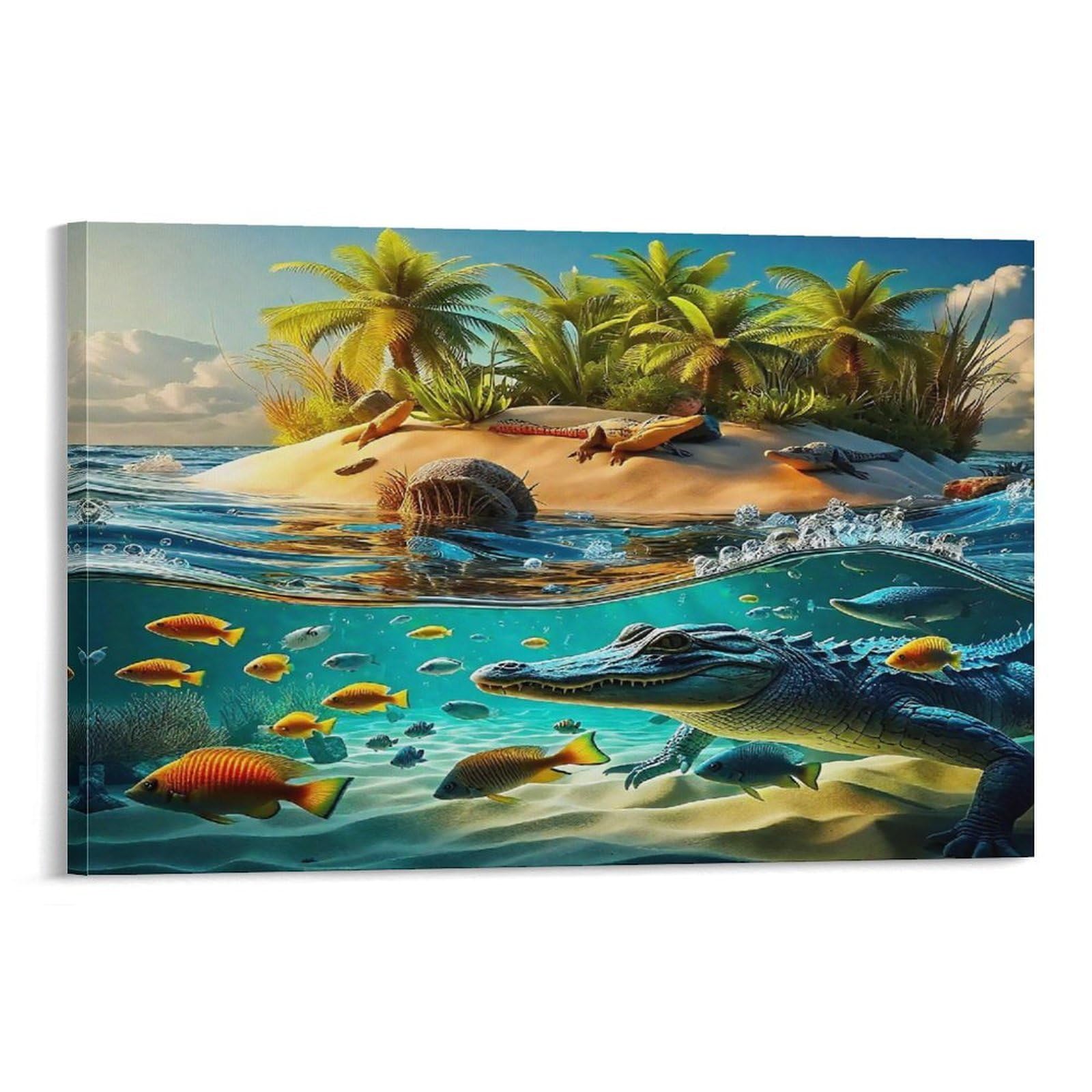 CPLVKWRQJ Cute Crocodile Couple Individual Tropical Island Underwater Crocodile Fish Canvas Wall Decor - Nursery Wall Hanging Space Saving Removable Ready to Hang 08x12inch(20x30cm)