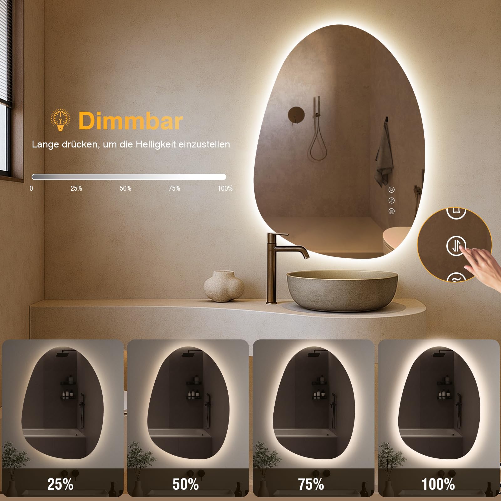 Specchio da bagno a LED asimmetrico con illuminazione, 75 x 55 cm, senza appannamento, 3 colori di luce, regolabile, dimmerabile, con funzione memoria, risparmio energetico, orizzontale