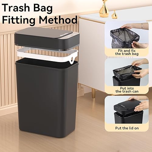 Miniatura 5 de Paquete de 3 cubos de basura de baño de 2.6 galones pequeños sin contacto con sensor de movimiento automático, cubos de basura delgados e