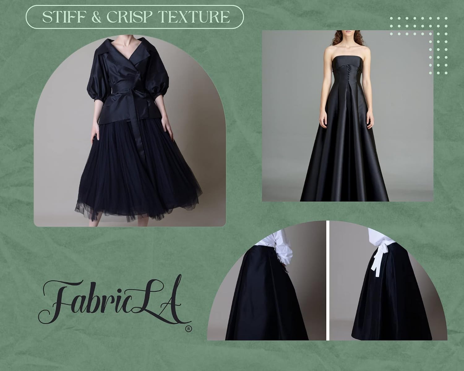 FabricLA 100% Polyester Taffeta Fabric - Non-Stretch Solid Fabric by The Yard - Evening Gowns, Costumes, Linings - 5 Yard, Black