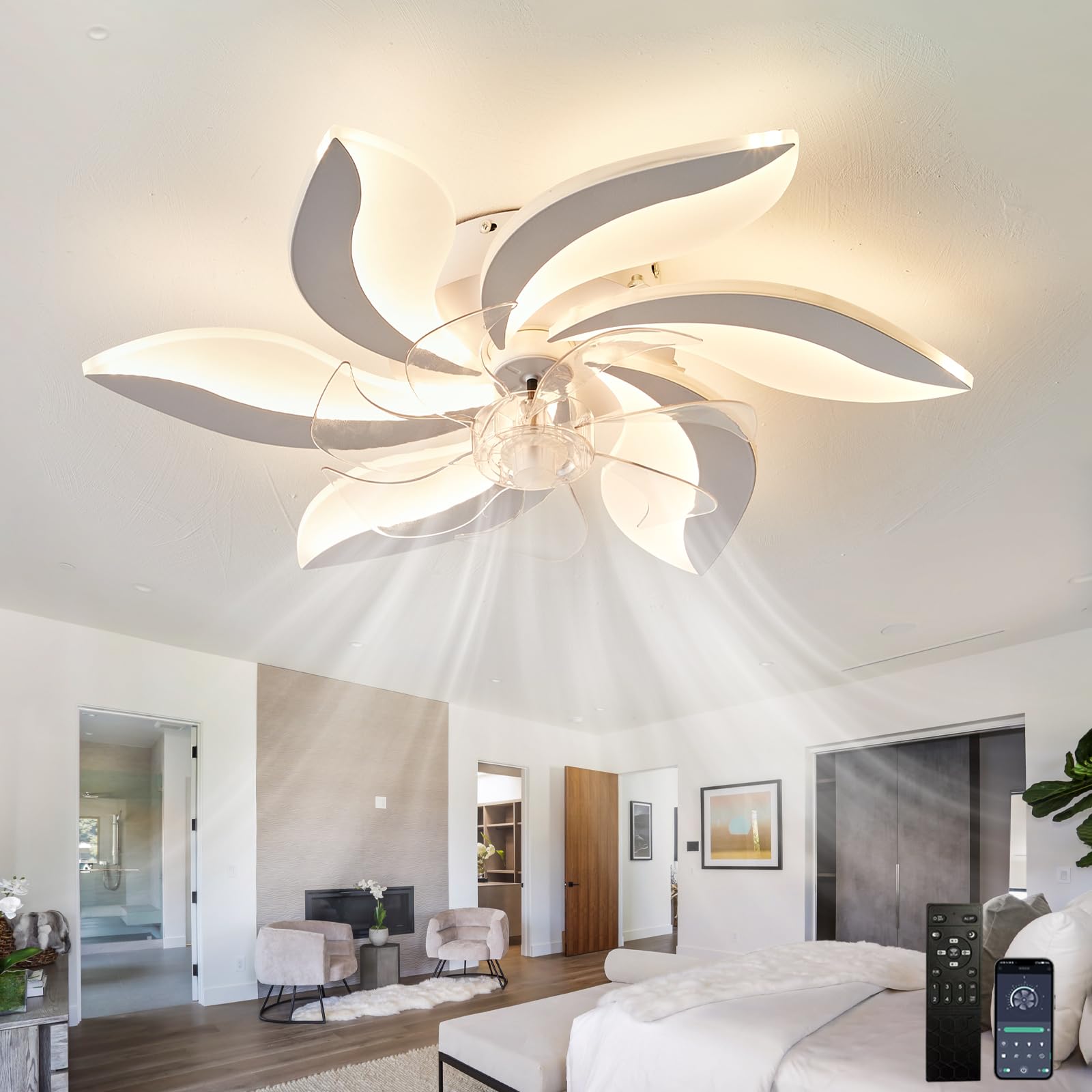 SXDMOUBK Modern Ceiling Fan with Light 70W,Quiet Light Fan Black,APP & Remote Control,6 Speed Reversible Motor,Dimmable with Memory Function,LED Fan Ceiling Light for Kids Bedroom Living Room
