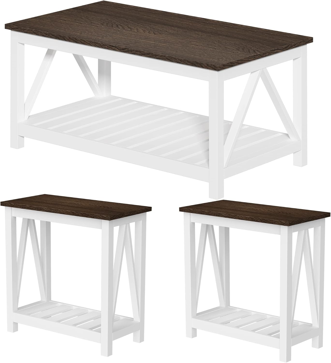 ChooChoo 3-Piece Farmhouse Living Room Table Set includes Coffee Table & Two Vintage Narrow End Side Table with Storage Shelf