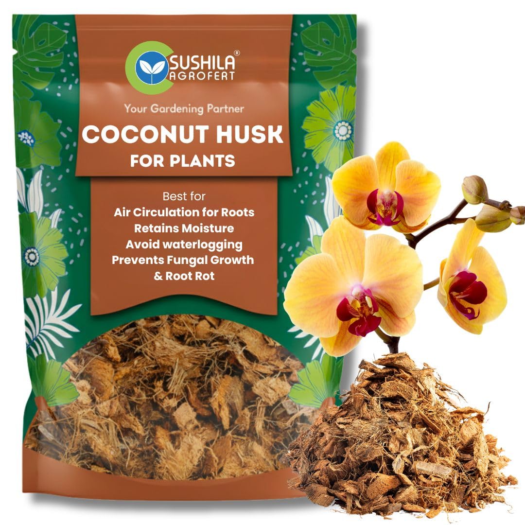 - Sushila Agrofert Coconut Husk 1Kg Natural Low EC Coco Chips Soil Enhancer for Gardening Expands to 20Kg Eco-Friendly Potting Mix Orchid Houseplant Root Aeration Moisture Retention