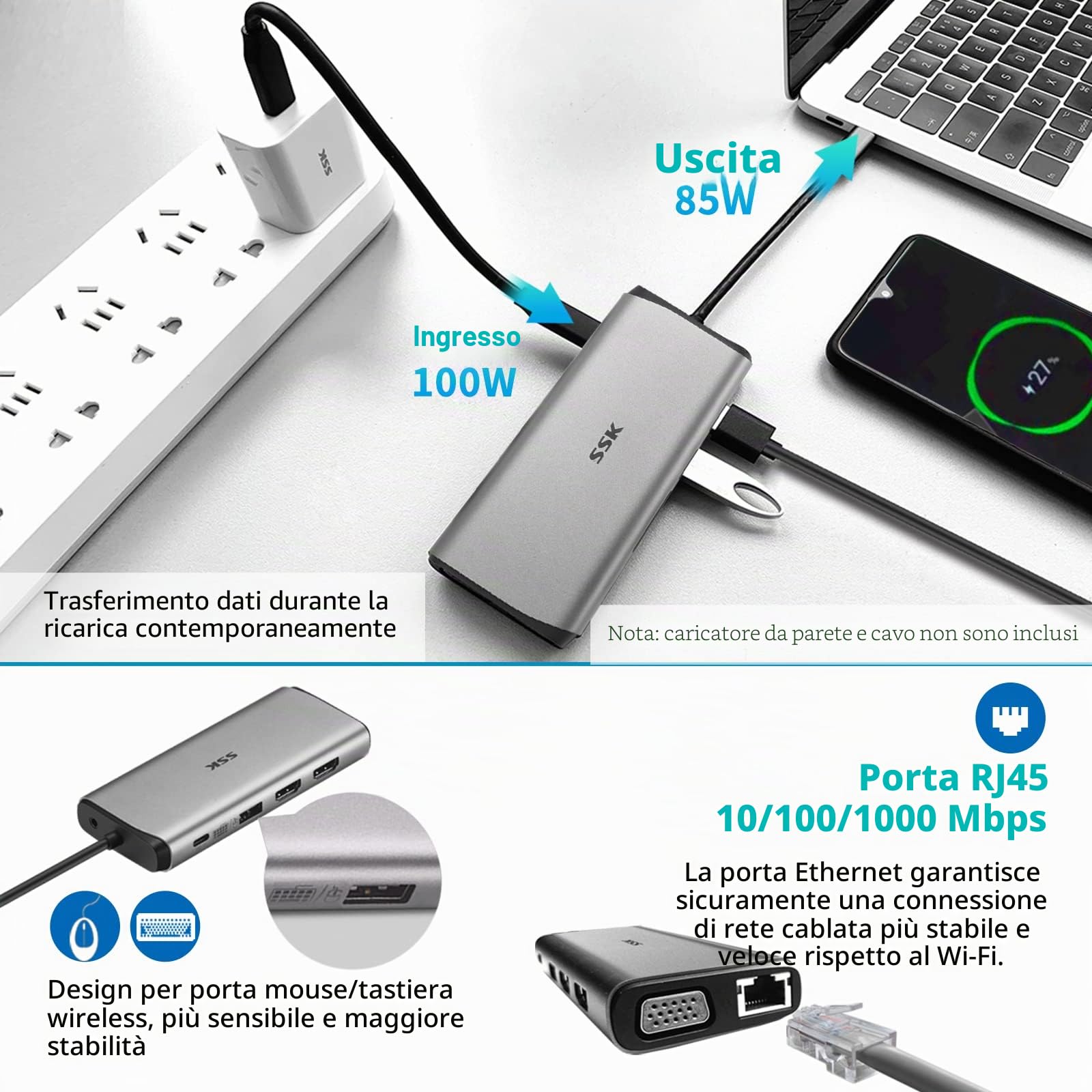 SSK Hub USB-C 11 in 1, Docking station per laptop con triplo display, Adattatore multiporta di tipo C con 2 (doppio) HDMI 4K/60Hz, VGA, PD3.0, SD/TF CR, RJ45, 3 USBs ecc. Per MacBook/XPS e altr