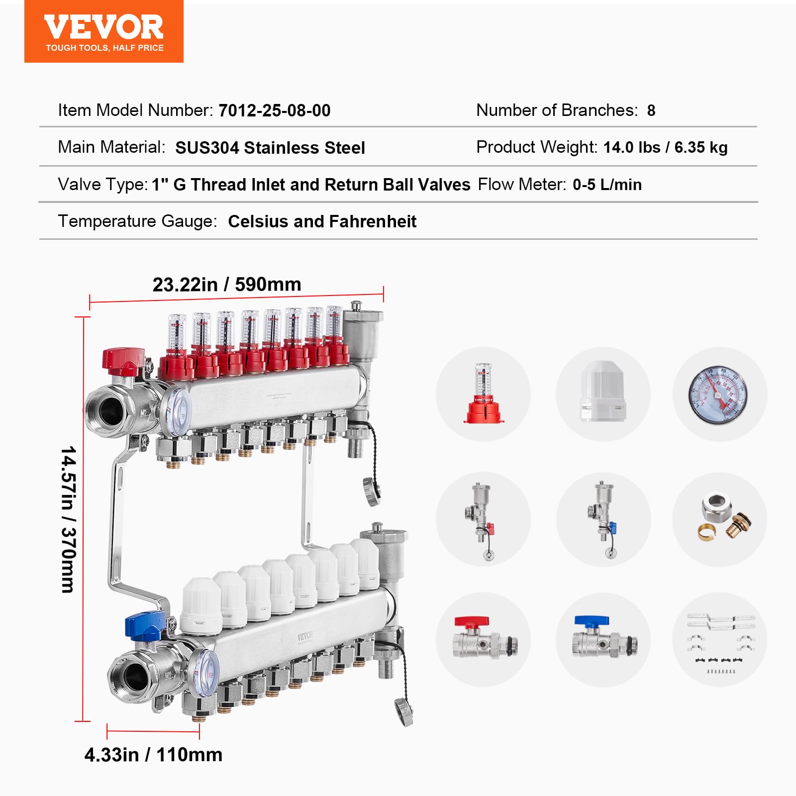 VEVOR Colector de Calor Radiante de 8 Derivaciones, Colector de Tubería PEX de Acero Inoxidable SUS304 para Calefacción por Suelo Radiante Hidrónico, con Adaptadores, 590 x 370 x 110 mm, 0-5 L/min