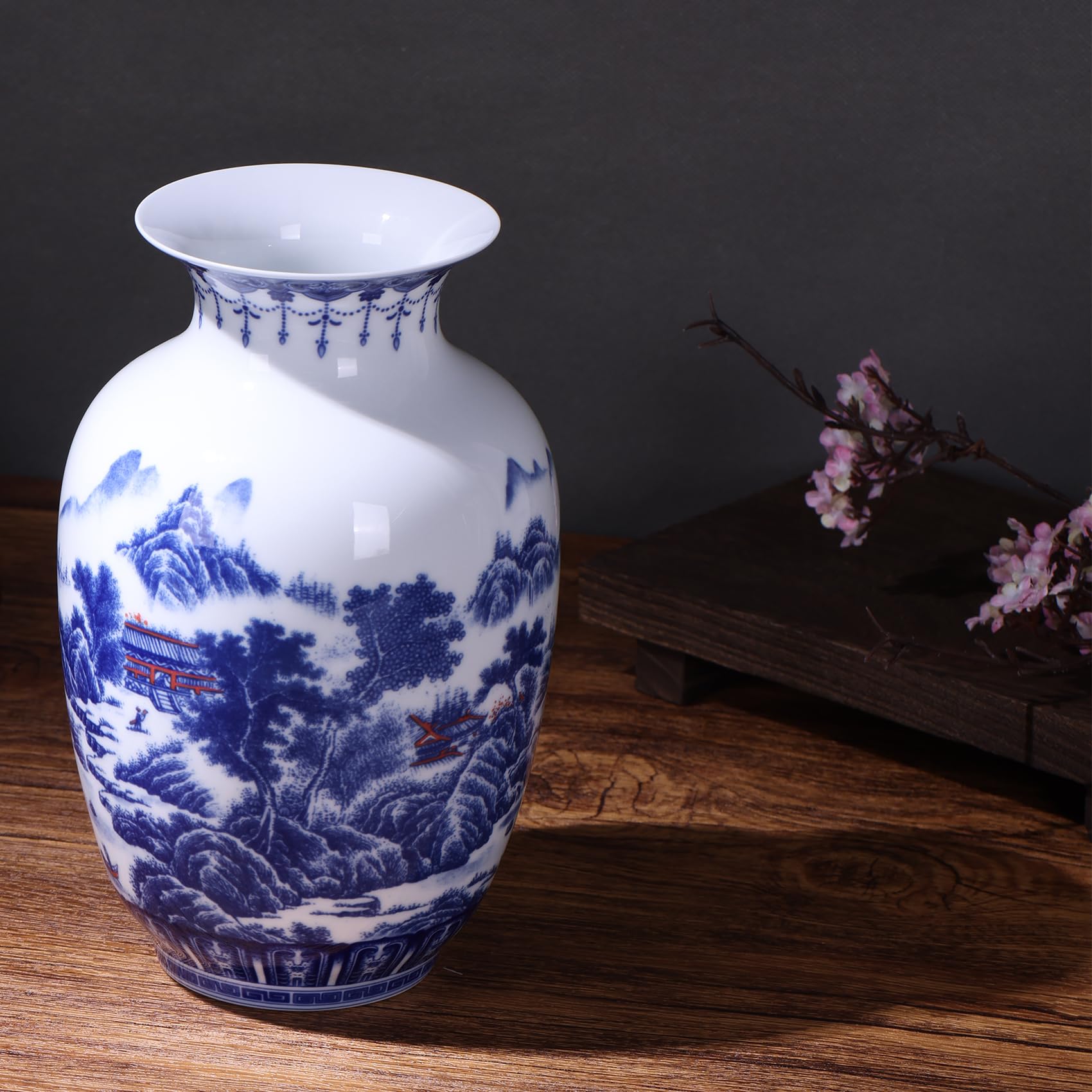 Vaso artigianale in porcellana blu e bianca, corpo sottile, design tradizionale cinese con zucca invernale a parete sottile e bocca larga, perfetto per la decorazione della casa, della scrivania e
