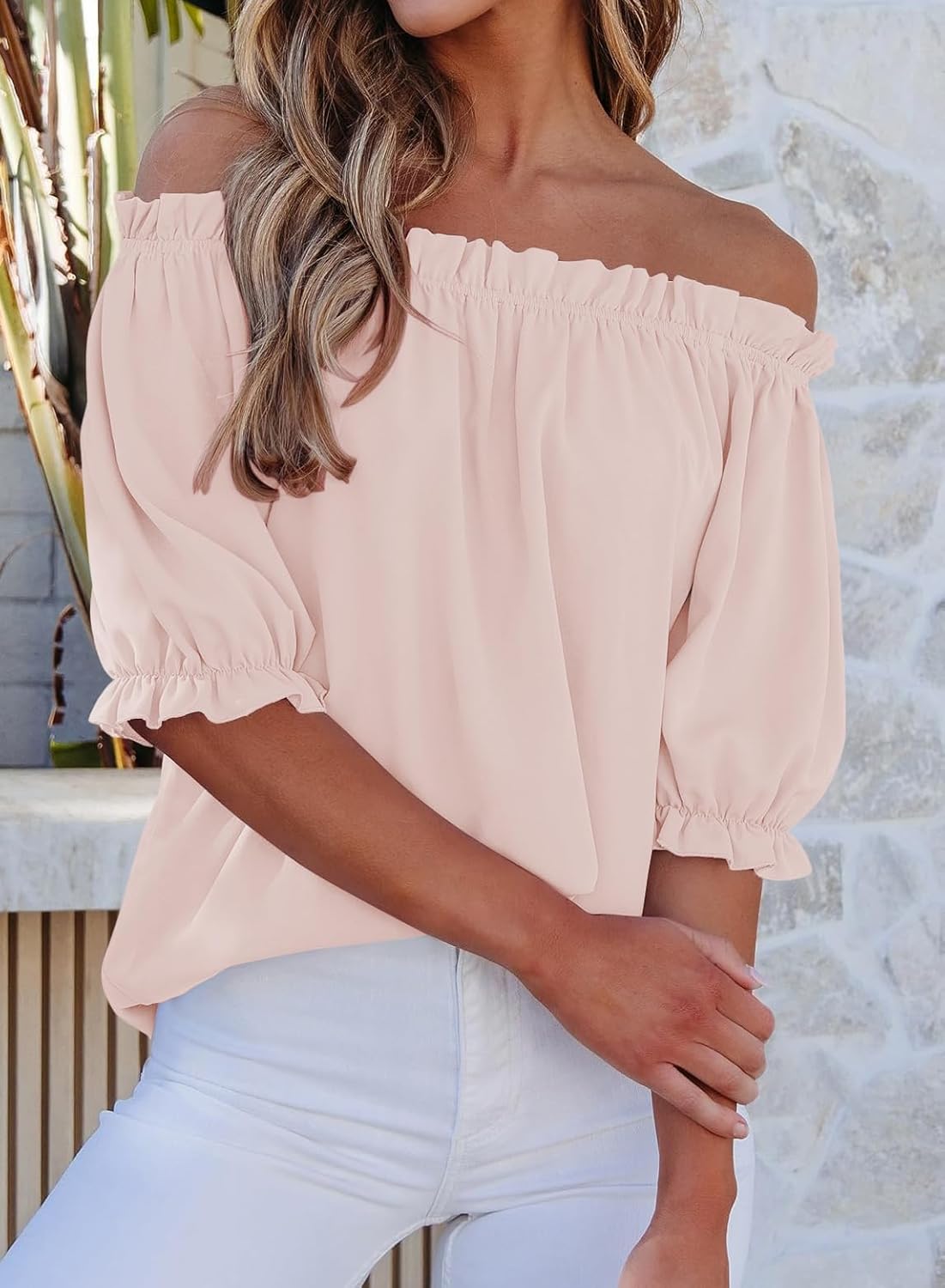 Women's Summer Casual Shirt Ruffle Crewneck Short Sleeve Top Off Shoulder Loose Blouses - Image 3