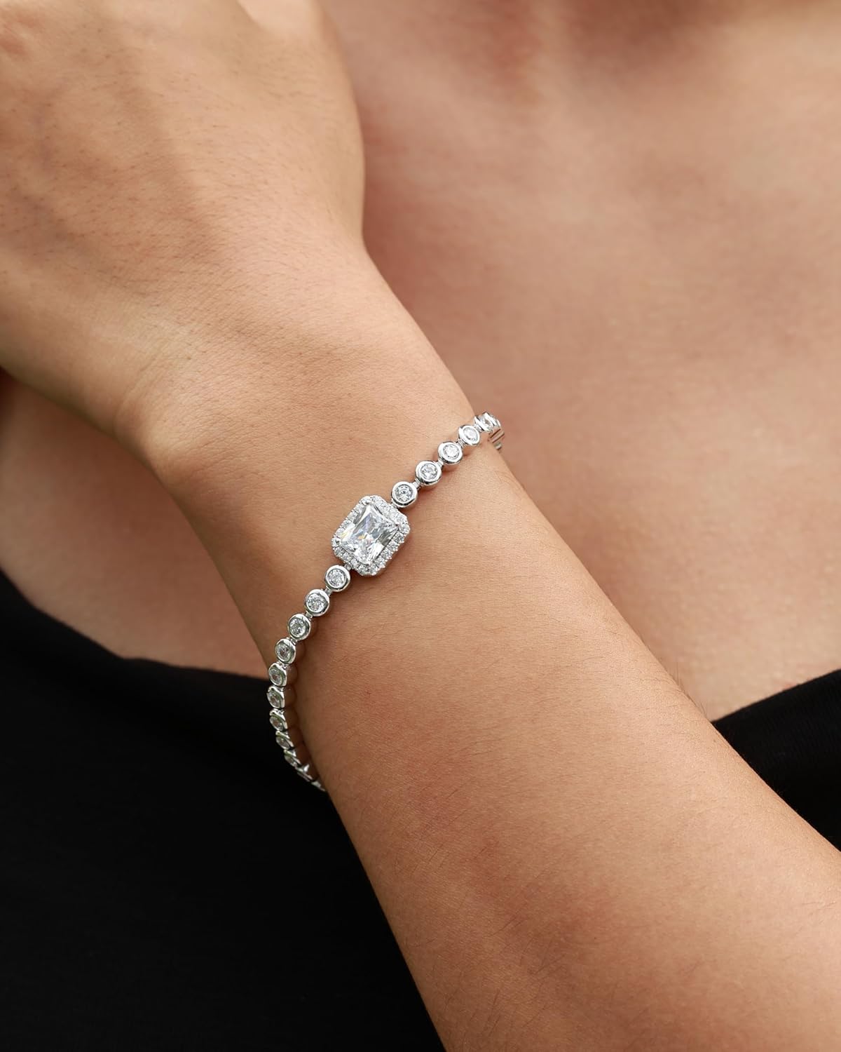 FANCIME 9 * 7mm Emerald Cut Birthstone Tennis Bracelet Bezel Setting Fine Jewelry Wedding Bridal Prom Birthday Gift for Women Her, Length 7.2 Inch - Image 3