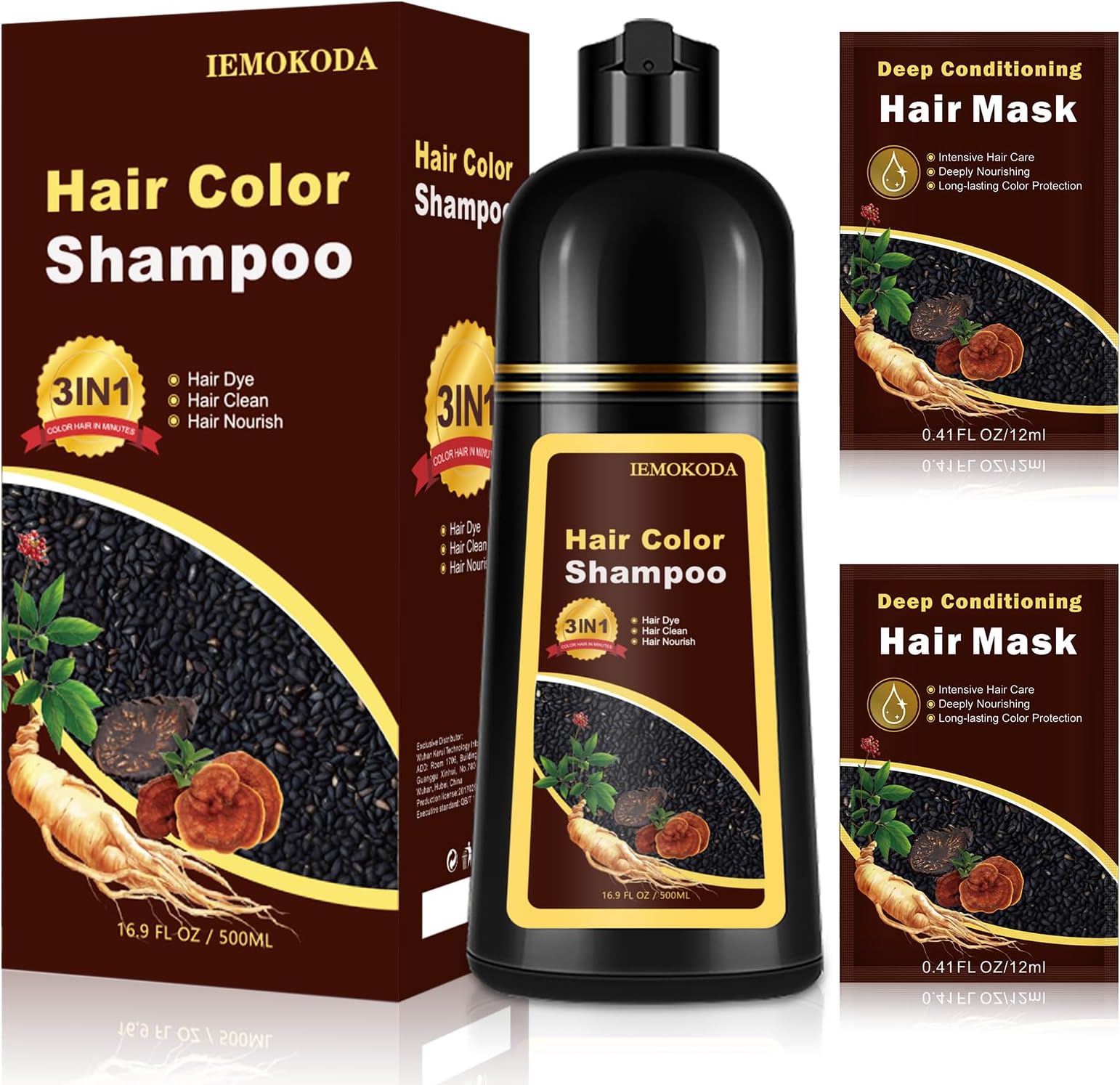 Black Hair Dye Shampoo 3 in 1 for Gray Hair Coverage, Long-lasting Hair Color Shampoo Easy At-Home Use, Safe and Gentle Formula for All Hair Types 16.9 Fl Oz (Black)