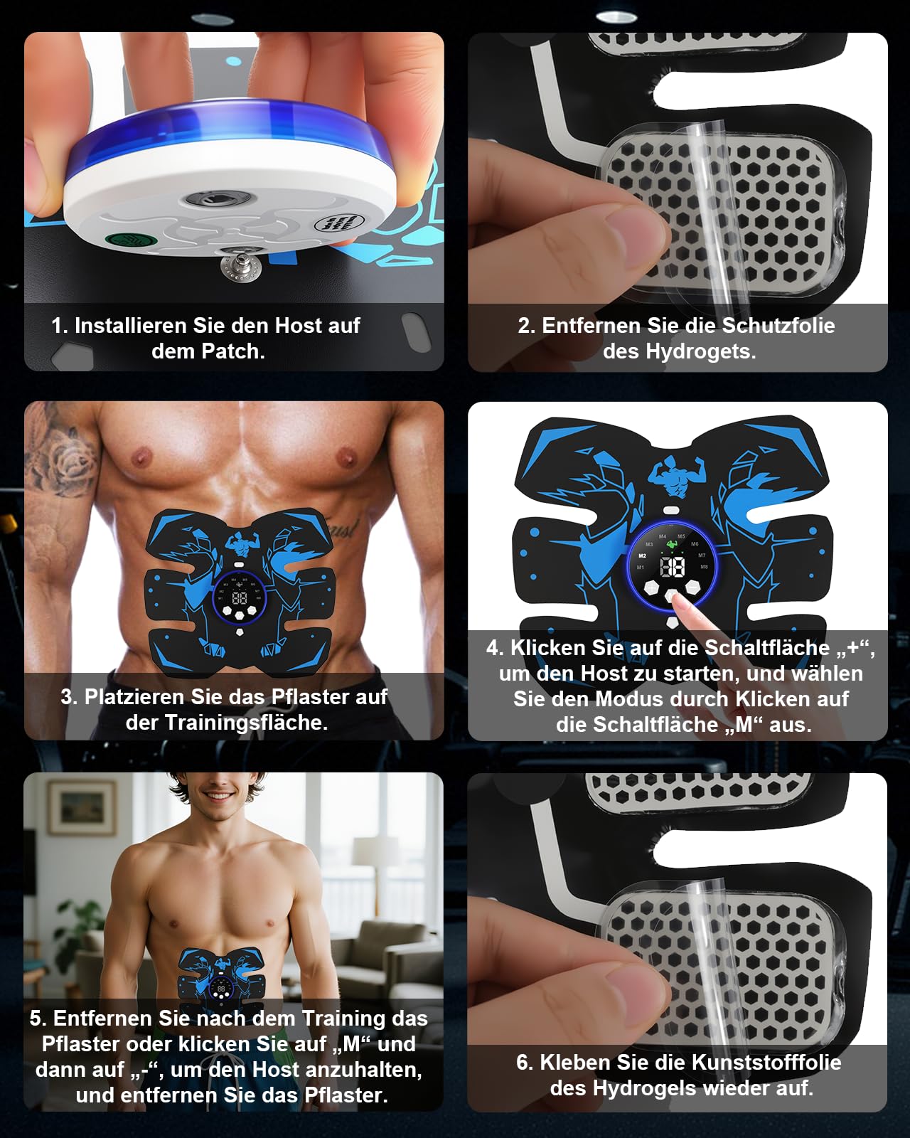 EMS Trainingsgerät, 8 Modi & 29 Intensitäten, Bauchmuskeltrainer EMS Trainingsgerat, Bauchtrainer, 12 Stück Ersatz-Hydrogels, USB Wiederaufladbar EMS Bauchtrainer Ganzkörper ABS/Bauch/Arm/Bein