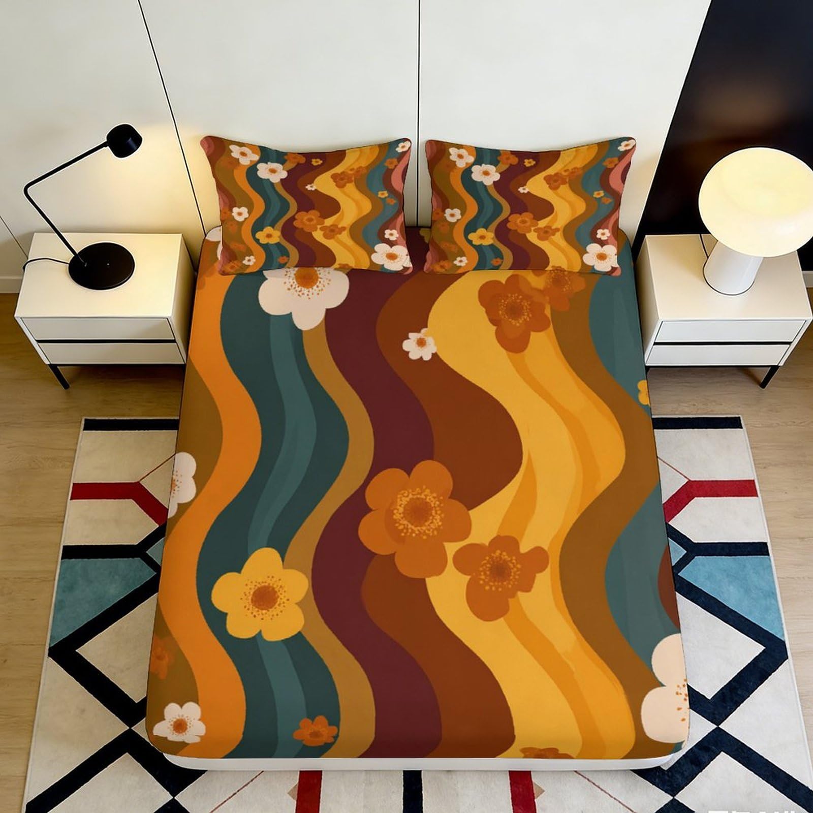 3D Printed Retro Wave Fitted Sheet Microfiber Floral Swirl Mattress Cover for Bedroom Home Decor Dustproof 90x200x25cm