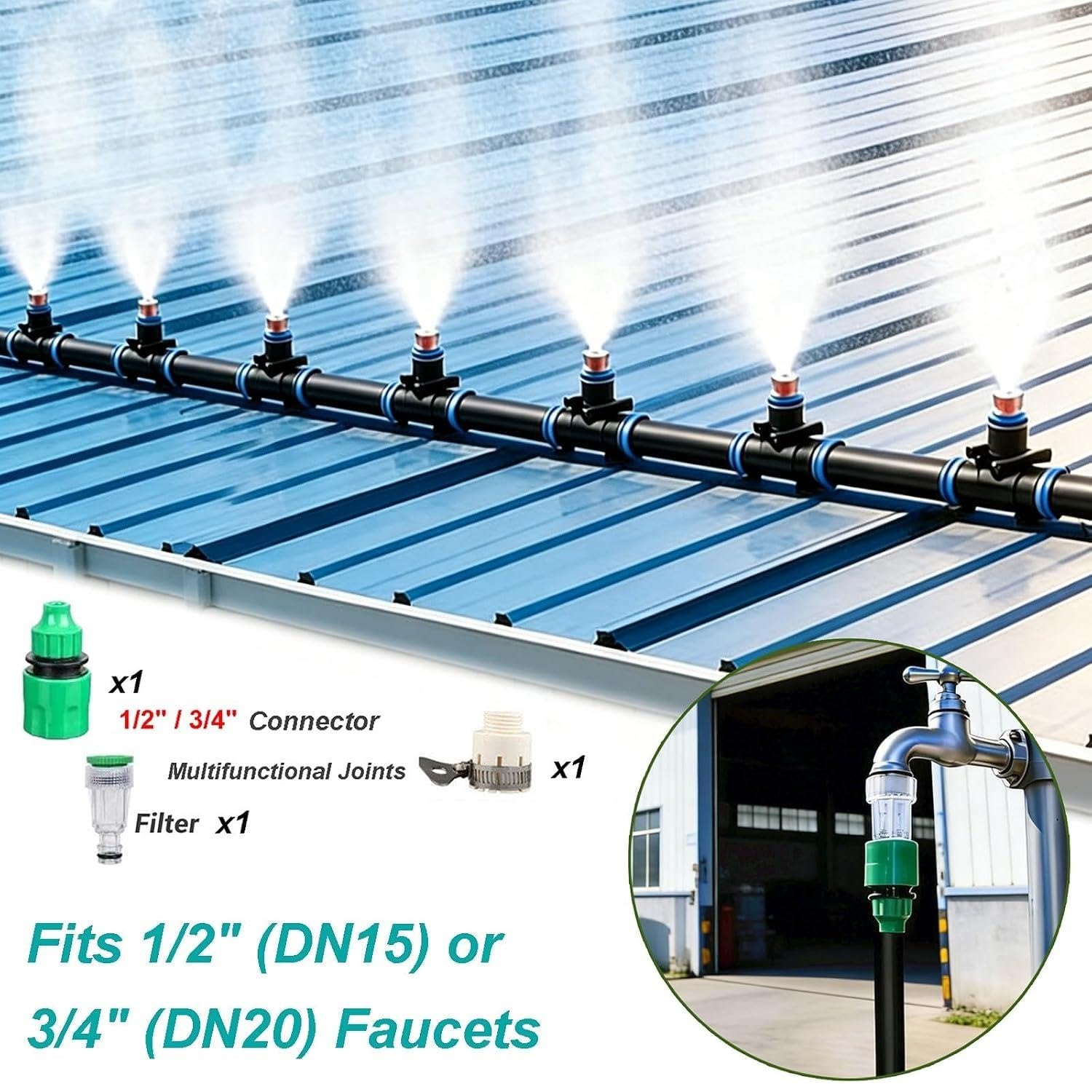 Système d'irrigation Jardin Kit avec modèle de pulvérisation réglable et connexions étanches, Jardin refroidissement spray Convient au robinet standard 1/2" ou 3/4"(100m/328ft)