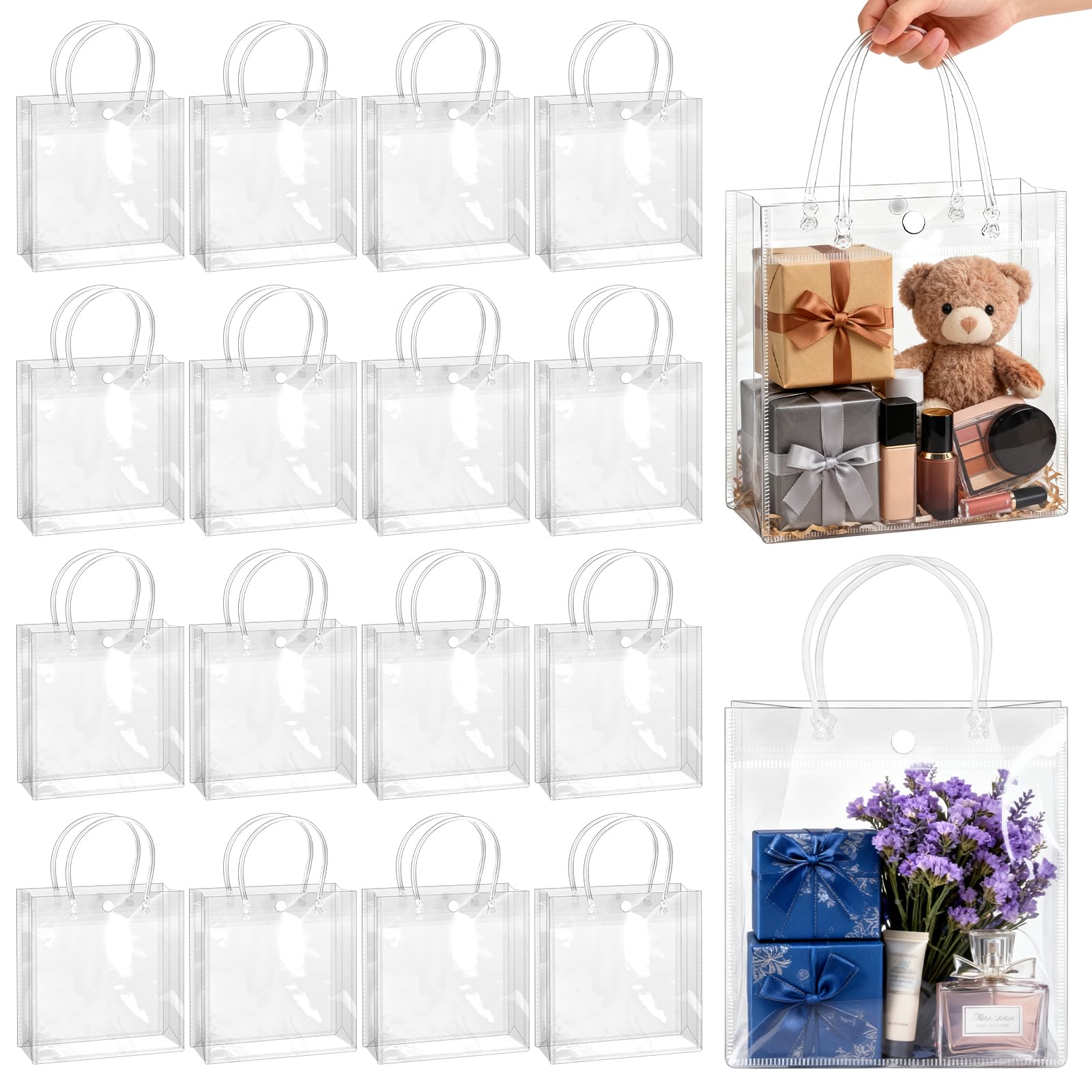 BadenBach 16 Pack Clear Gift Bags with Handle, 9.8" x 9.8" x 3.5" Reusable Plastic Party Favor Bags Bulk, Transparent PVC Tote Bag for Wedding,