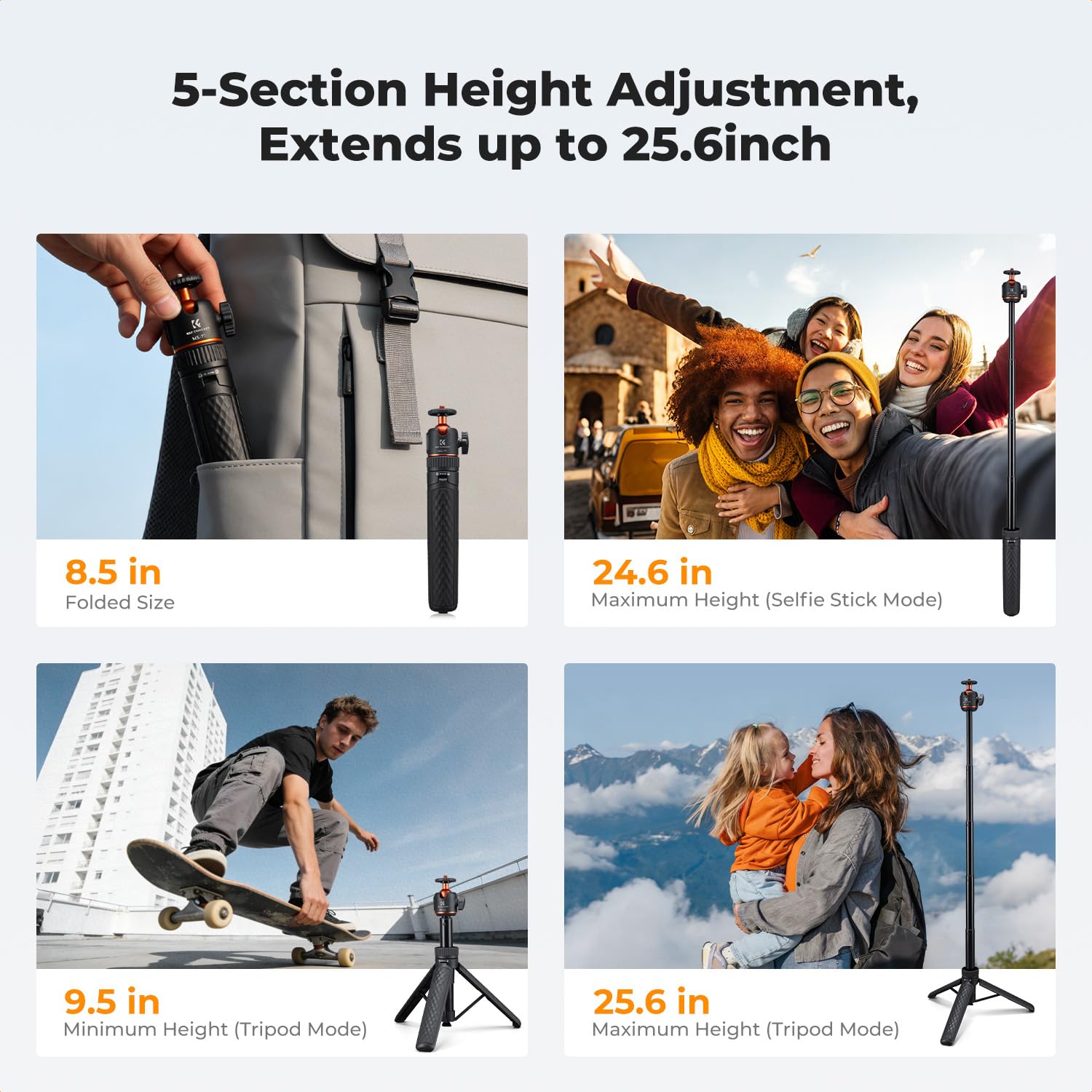 K&F CONCEPT Kijek do selfie, 175 g, ultralekki statyw do telefonu komórkowego, funkcja rozkładania jednym kliknięciem, wysuwany do 65 cm, obracana o 360° głowica, kompatybilny z telefonami komórkowymi