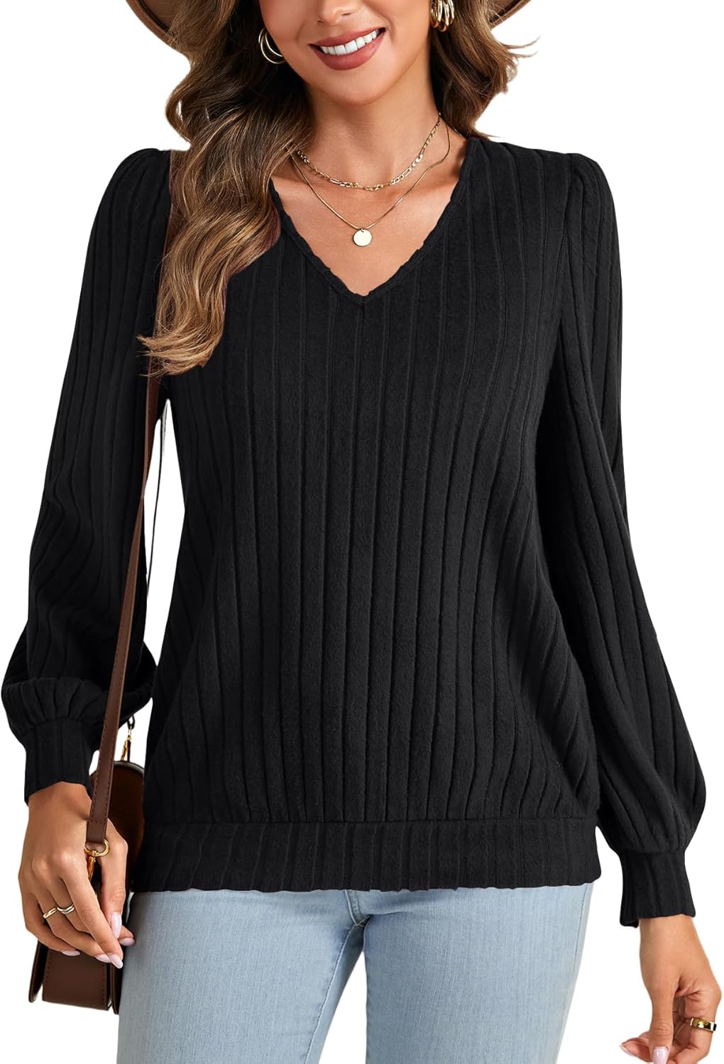 LYANER Women's Knit V Neck Lantern Long Sleeve Dressy Casual Blouse Shirt Tops - Image 4
