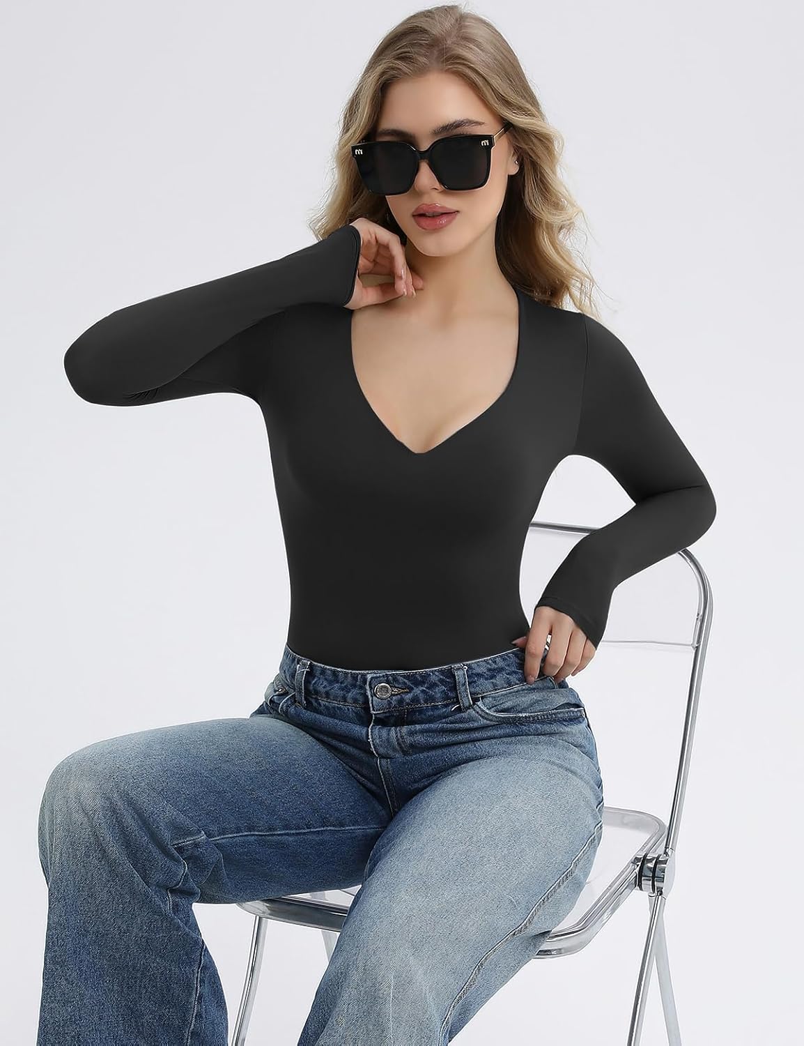 Women's Long Sleeve Bodysuit Sexy V Neck Body Suits Shirt Tops Double Lined Going Out Outfits Bodysuits - Image 5
