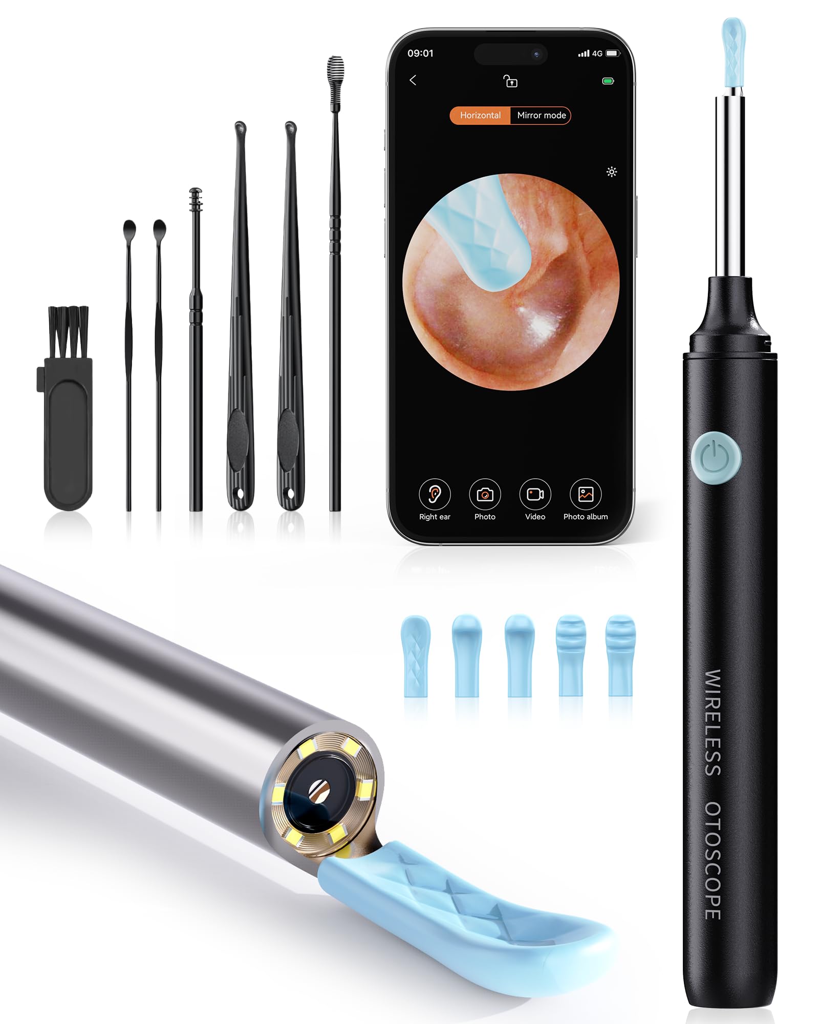 Qimic Ohrenschmalz Entferner mit Kamera, 1080P HD WiFi Otoskop, 3,5mm Linse, 360° Weitwinkel, IP67 Wasserdicht, 6 LEDs, USB-C Aufladung, kompatibel mit iOS & Android - Schwarz