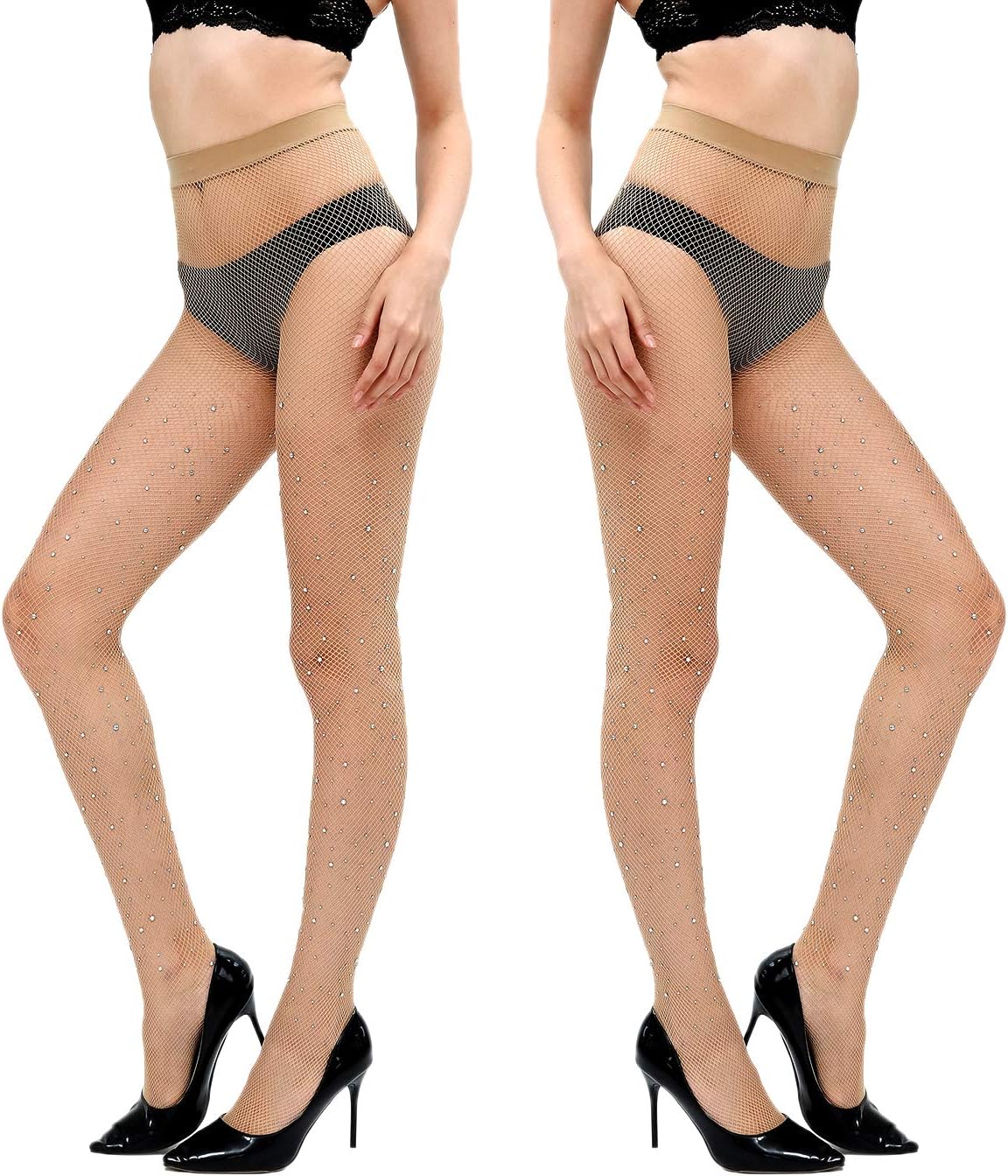 Women’s Fishnet Stockings Sparkle Glitter Rhinestone Pantyhose Tights One Size (One Size, Nude,2 Pairs)