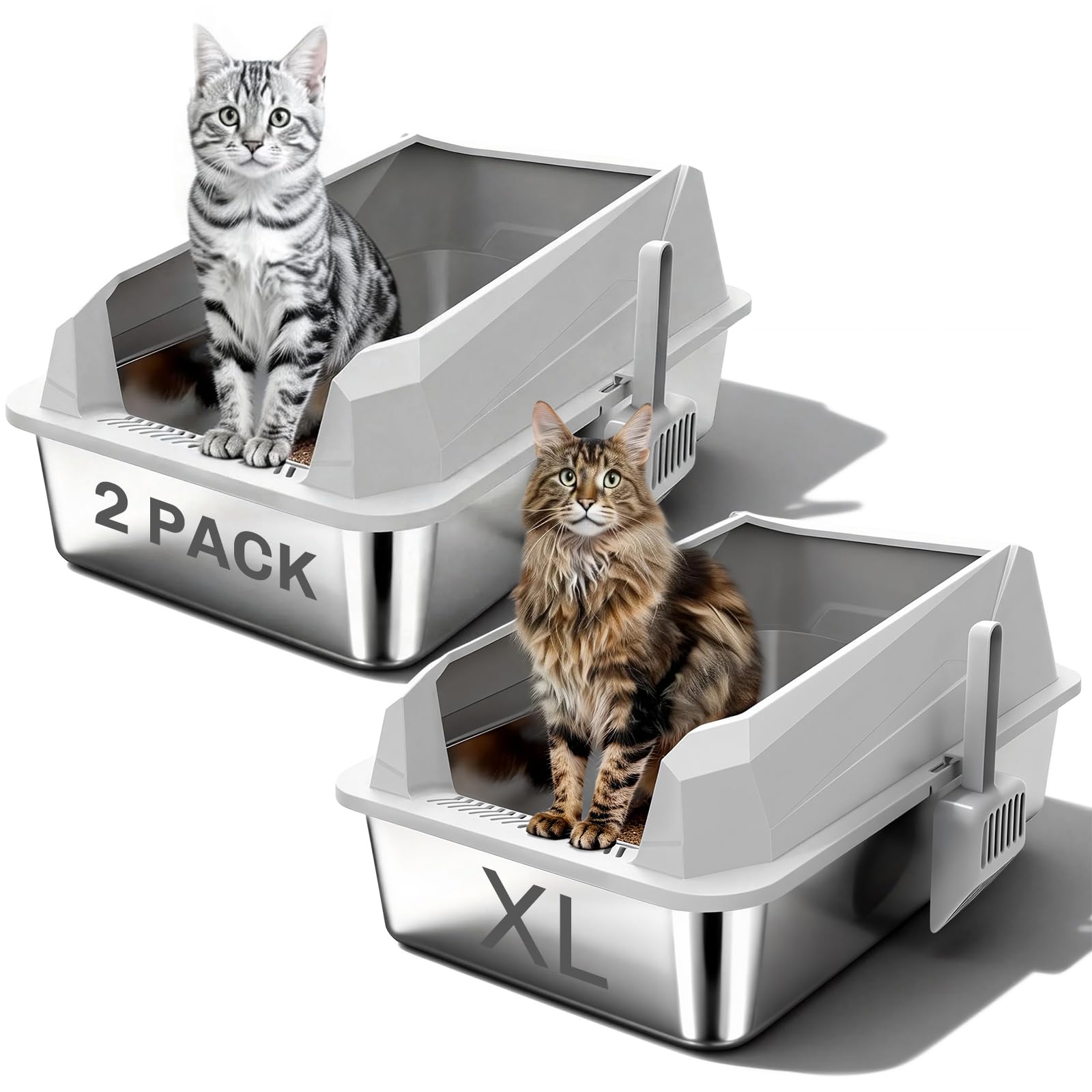 KYKY Tescat 2 Pack Stainless Steel Litter Box with Lid, XL Metal Litter Box with High Sides, Extra Large Litter Boxes for Big Cats and Multiple Cats, Leak-Proof, Rust-Proof, Non-Sticky and Easy Clean