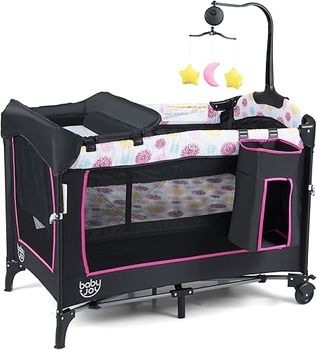 BABY JOY 4 en 1 rosa Pack and Play, cama de noche para bebé con moisés, 3 alturas ajustables, caja de música, fácil de instalar, cuna plegable con