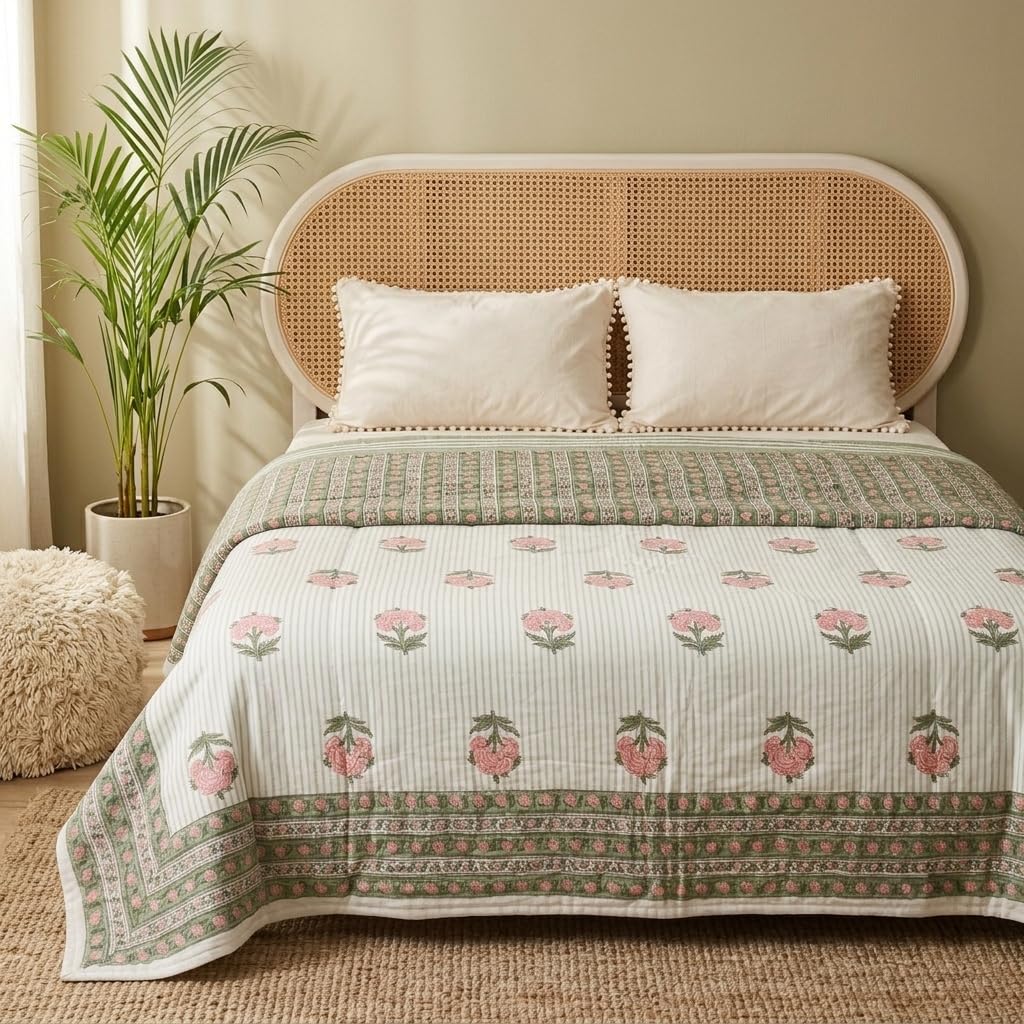 Peepul Tree Cotton Malmal Comforter - Blue & Pink -11