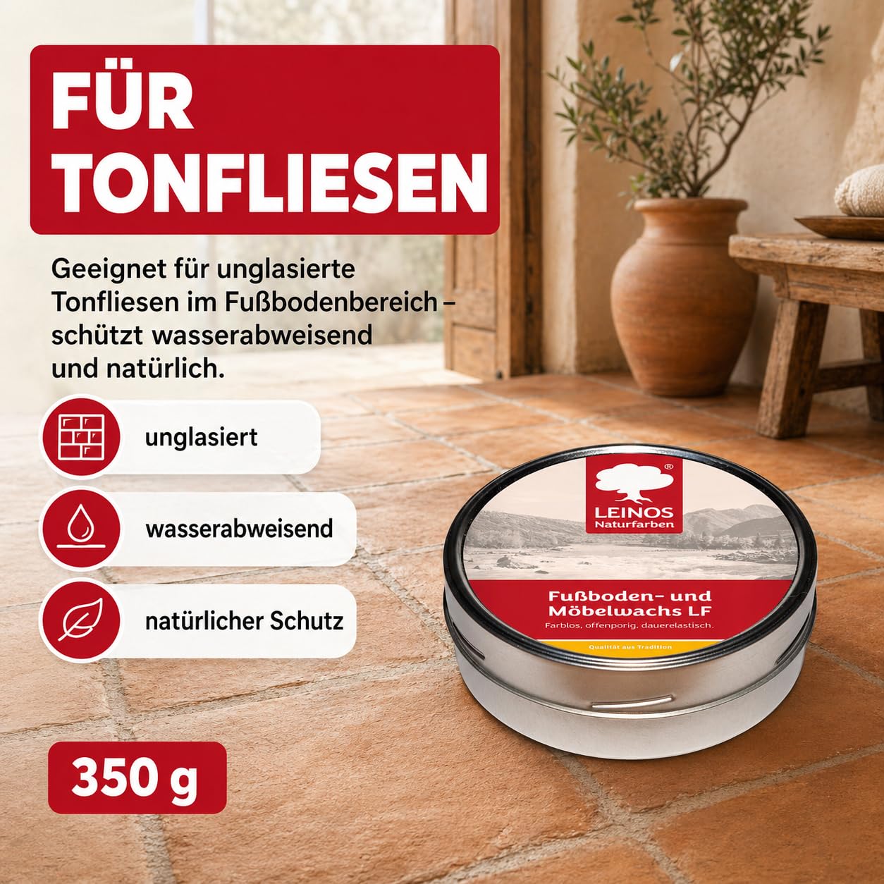 LEINOS Fußboden- & Möbelwachs LF 310 | 350 gramm Natürliches Hartwachs für Innenbereiche | Atmungsaktiver Schutz für Holz, Kork, Tonfliesen | Reines Naturwachs mit Bienen- & Carnaubawachs