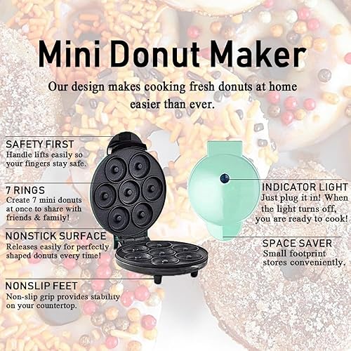 Miniatura 6 de Mini máquina para hacer donas  Mini máquina para hacer donas de 700 W para postres y más con superficie antiadherente, calefacción de doble cara