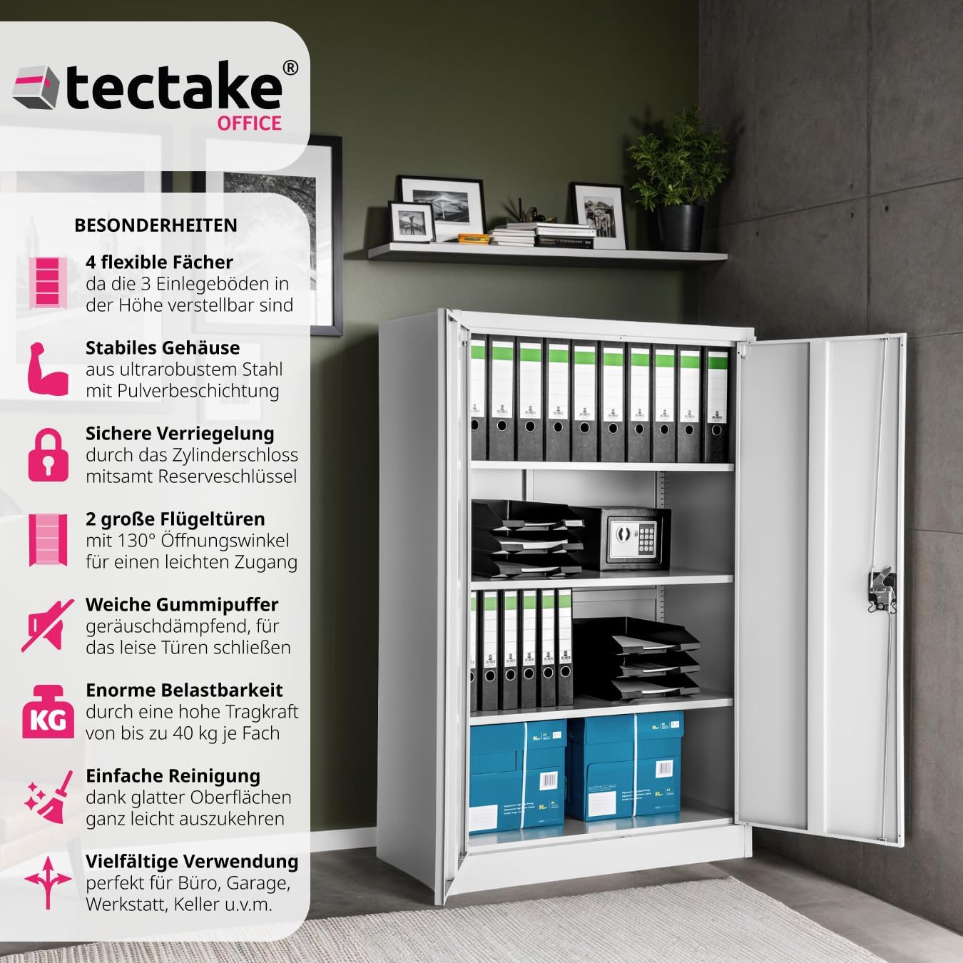 Infographic detailing the features of the tectake filing cabinet.
