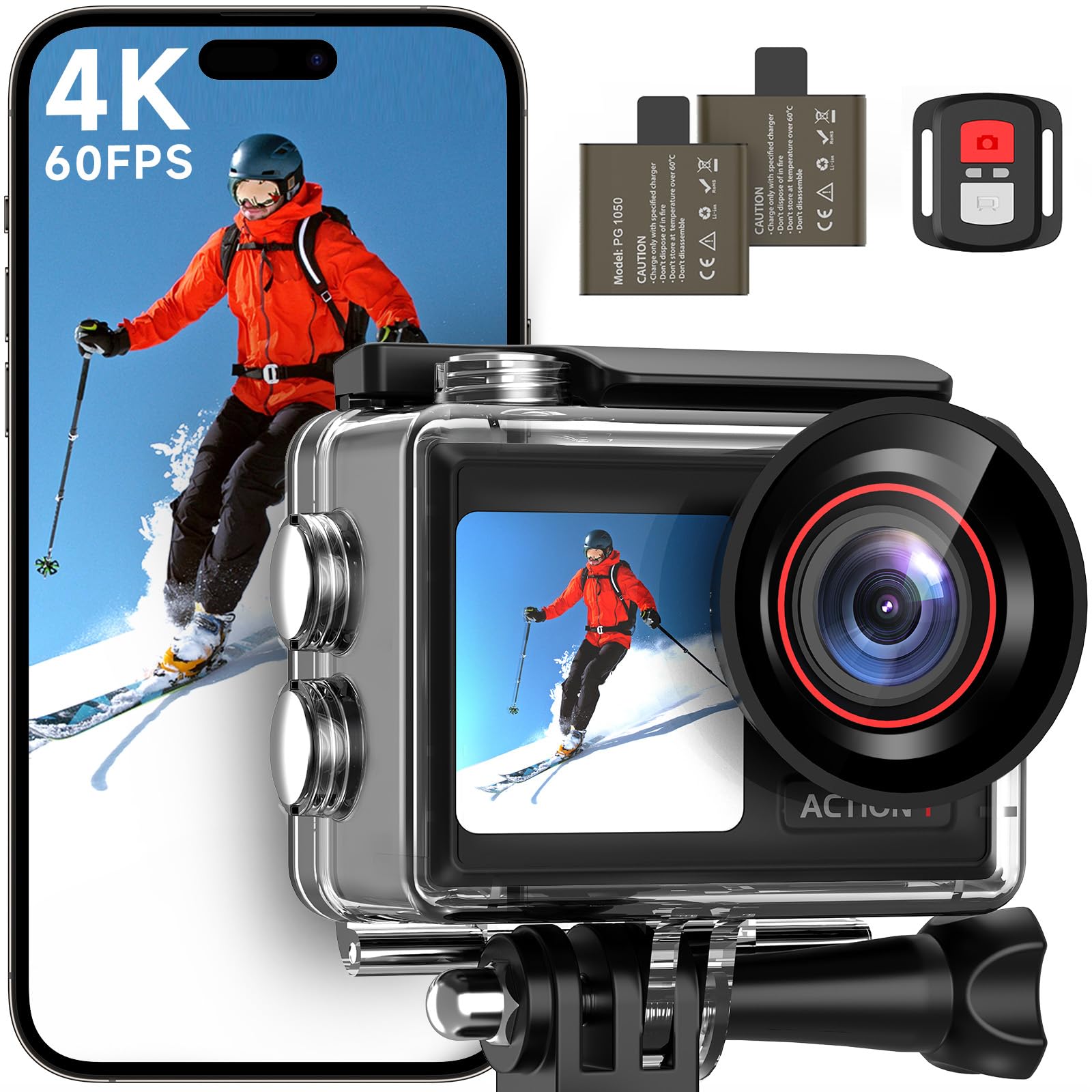 ODDV 4K60FPS 30MP Action Camera with Front LCD and Touch Rear Screens