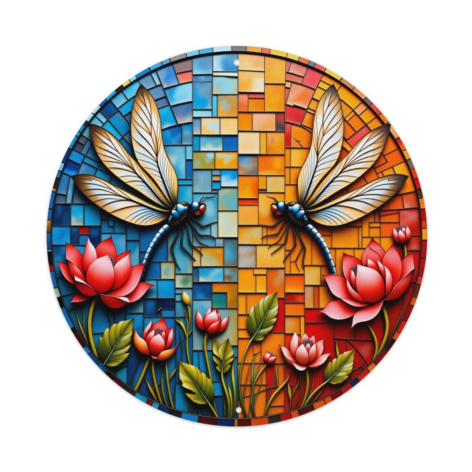 Dragonfly Lotus Mosaic Art Pattern Vintage Metal Tin Sign Retro Wall Decor for Home Bar Garage Cafe, Indoor & Outdoor Decorative，circle Metal Poster, 8x8 Inch