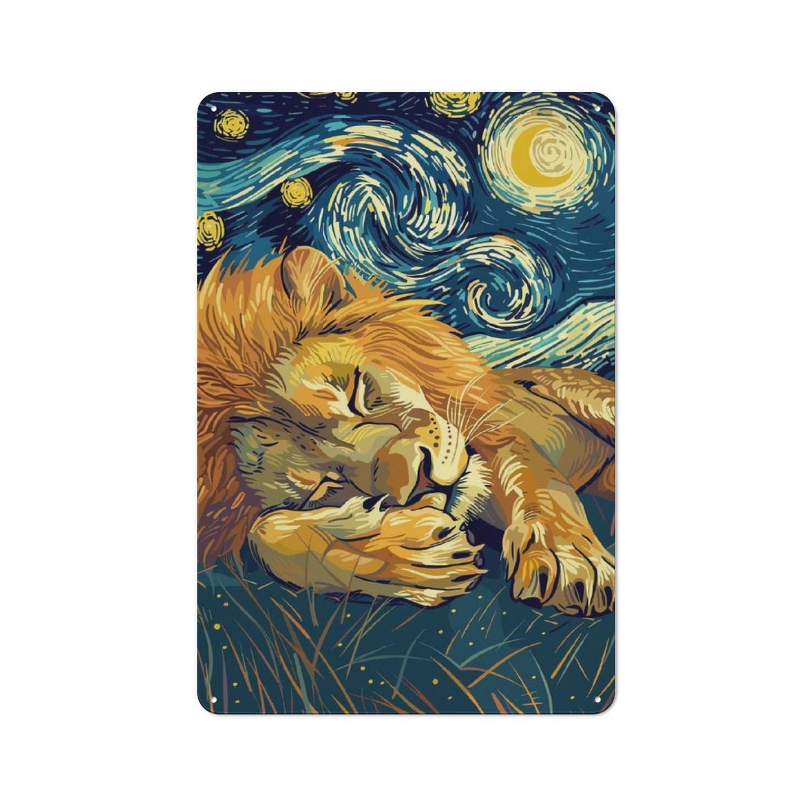 Junmoney Lion Sleeping Under Starry Night Sky Metal Plaque 30X20cm With For Pub Or Café, Rustic Decor, For Pub Decor Enthusiasts